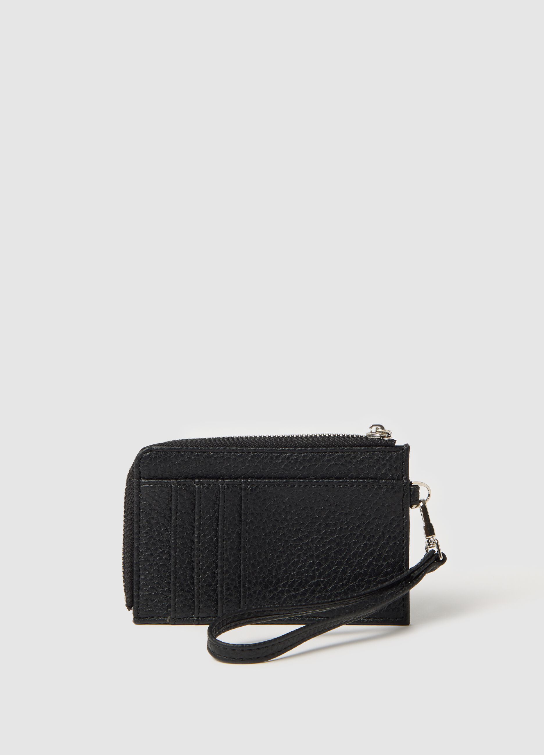 Textured black wallet with strap