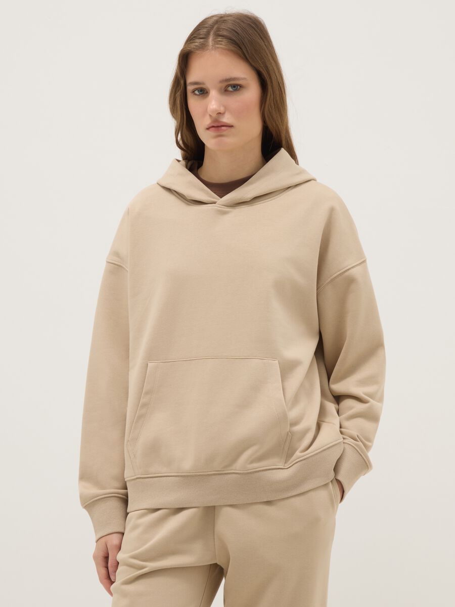 Felpa in misto cotone beige regular fit con cappuccio_0