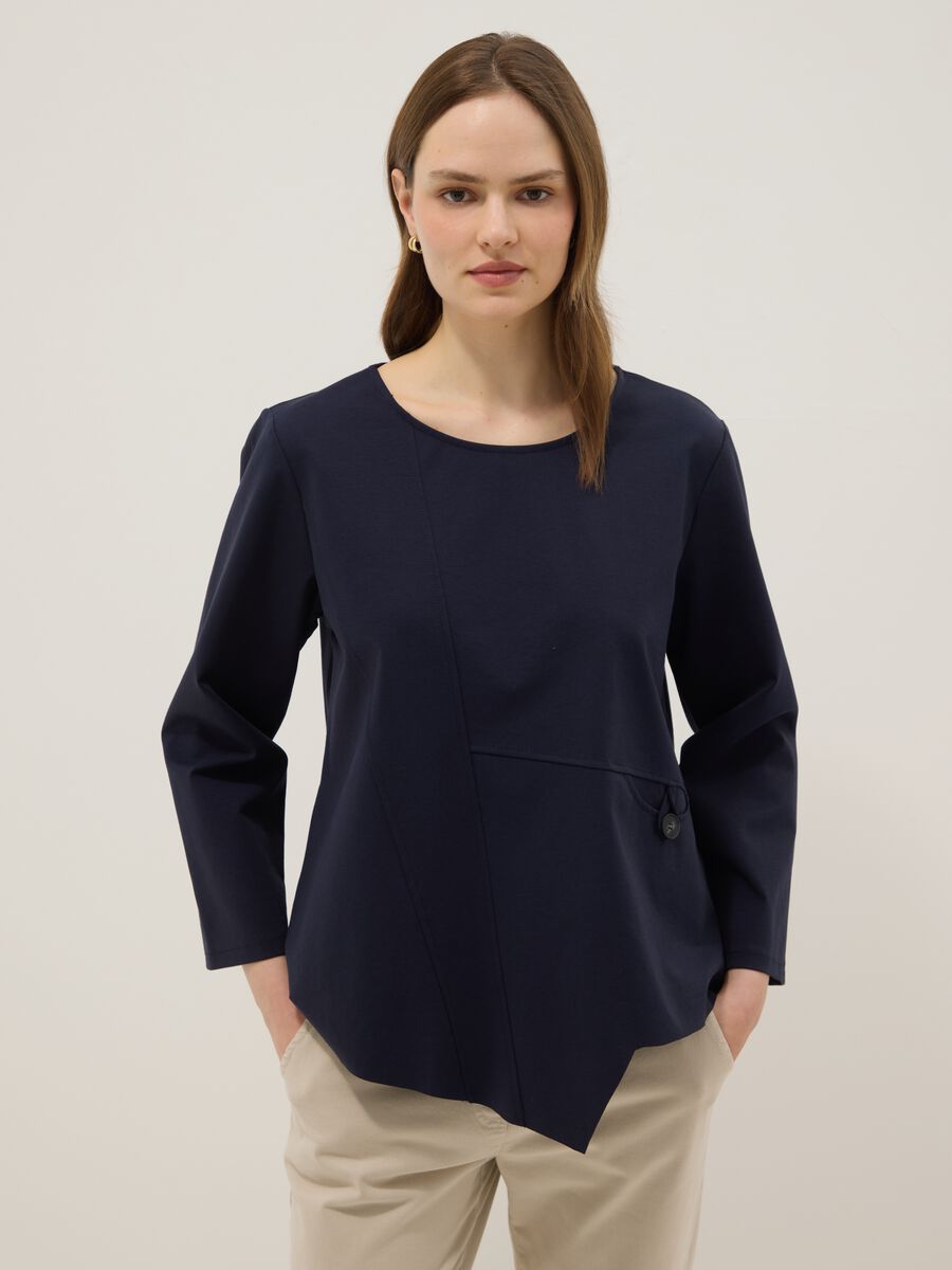 Blue long-sleeved regular-fit stretch cotton blouse_0
