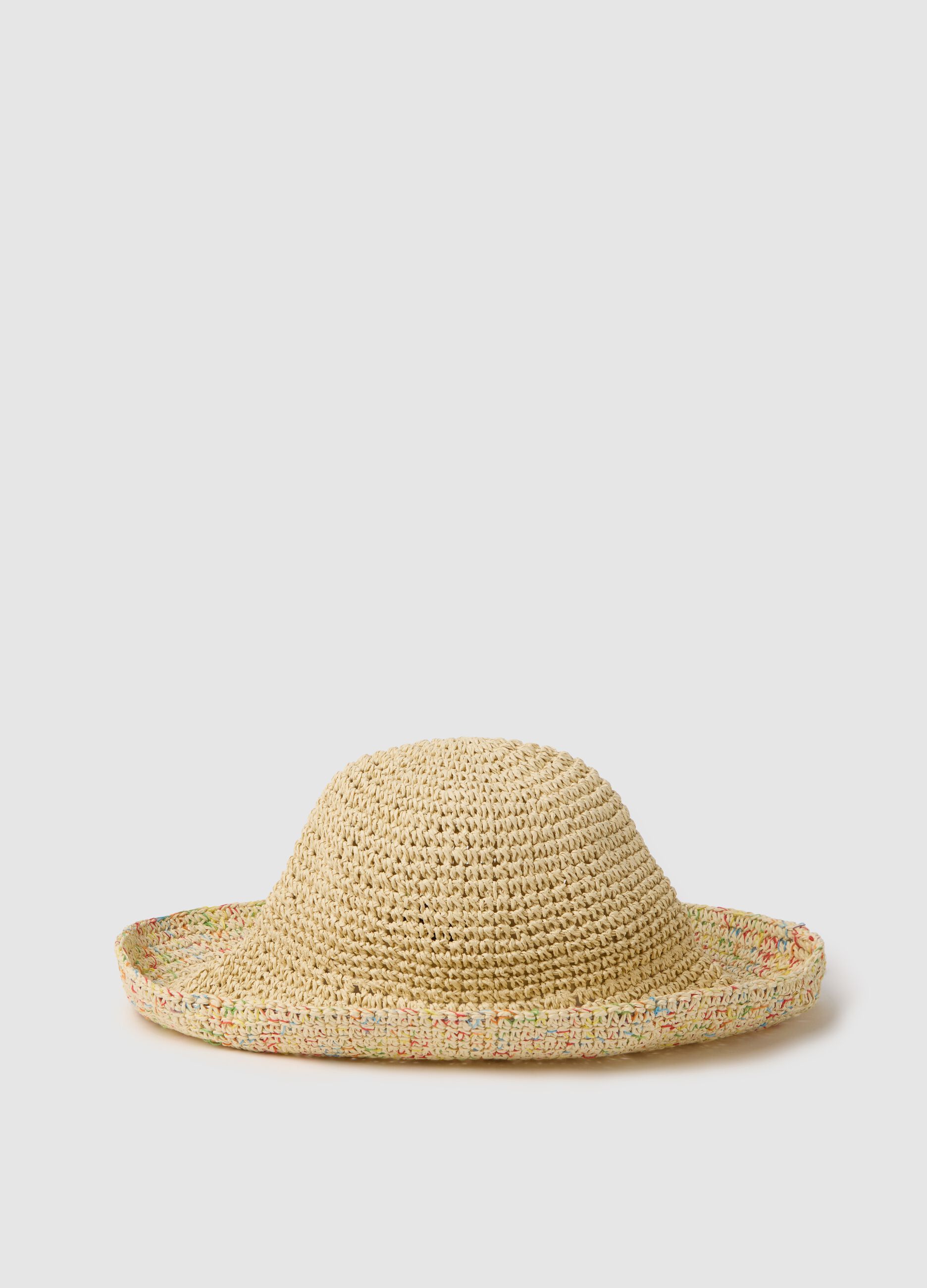 Beige raffia hat with multicoloured inserts