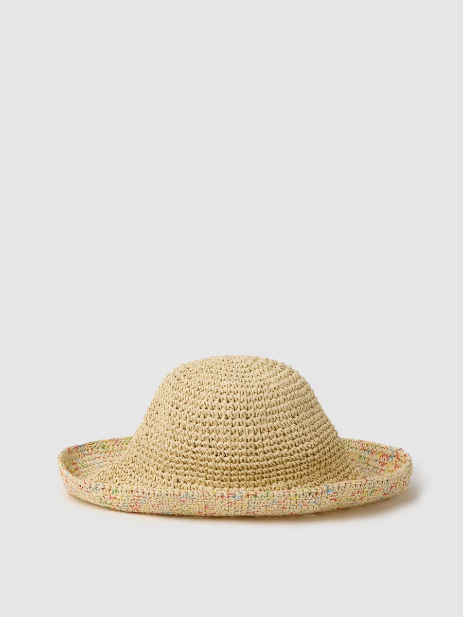 Beige raffia hat with multicoloured inserts_0