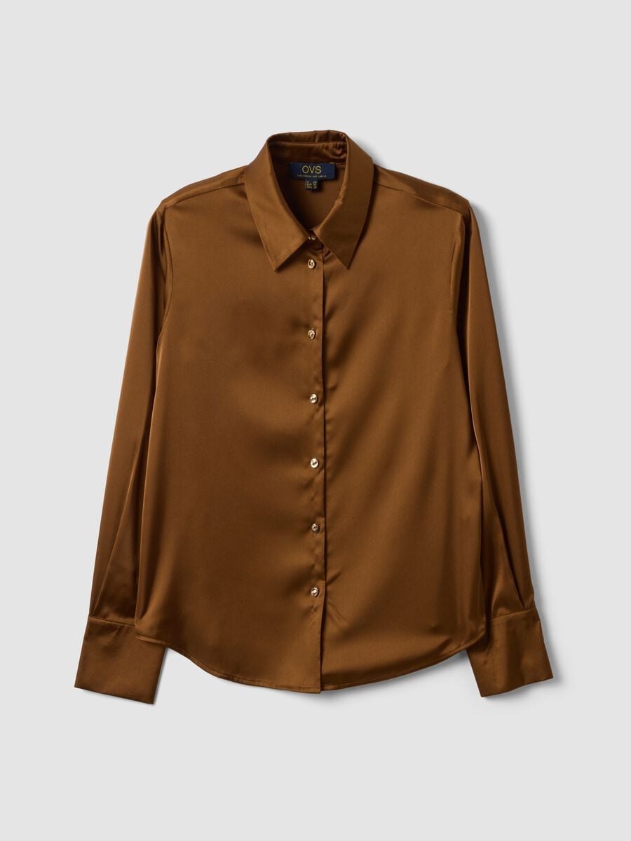 Camicia marrone in tessuto elasticizzato con collo classico_4