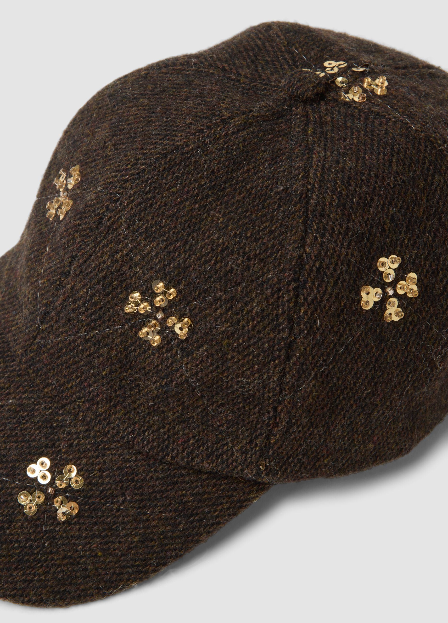 Brown wool and viscose blend cap with sequins
