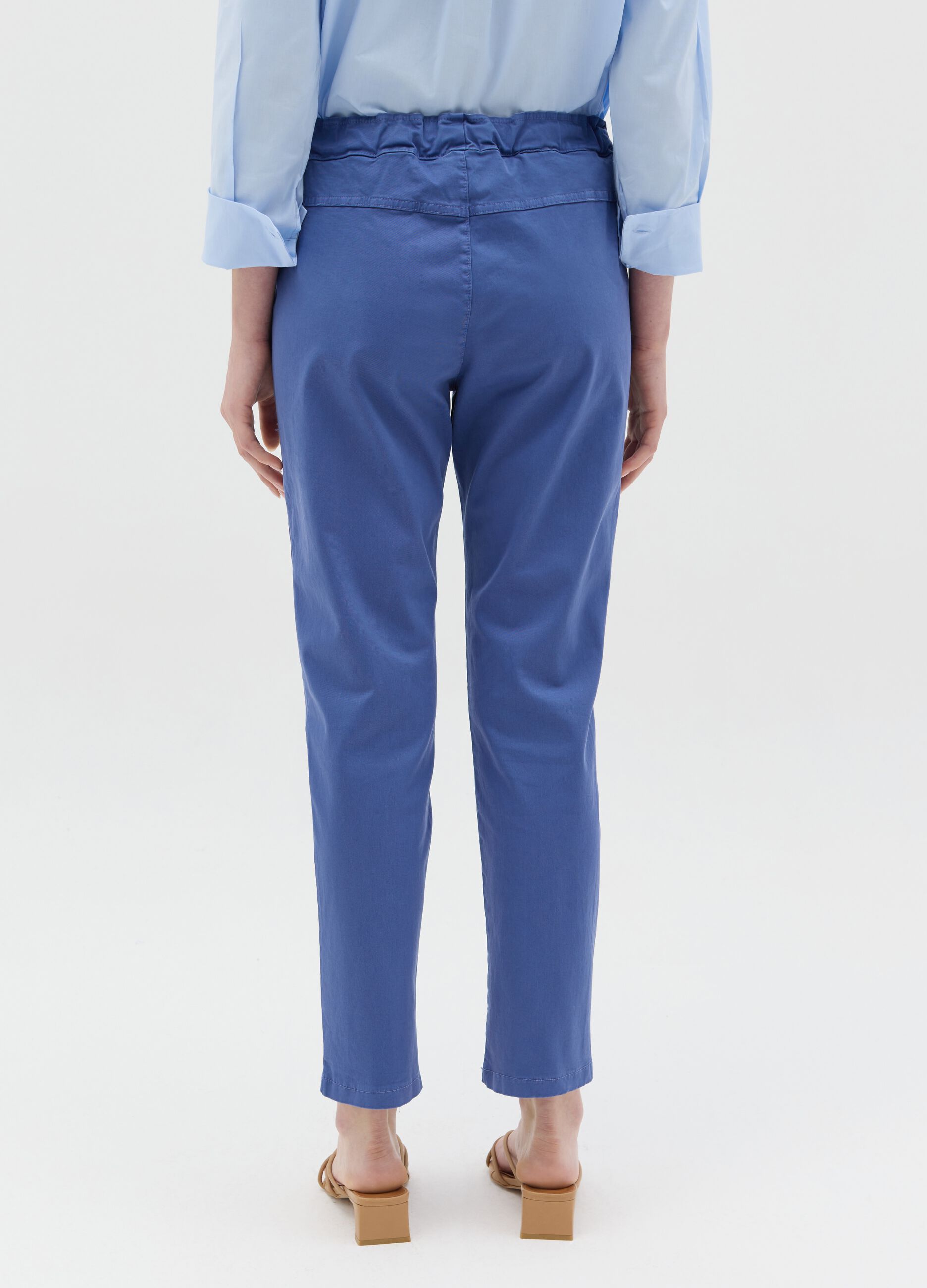 Blue stretch cotton trousers with drawstring