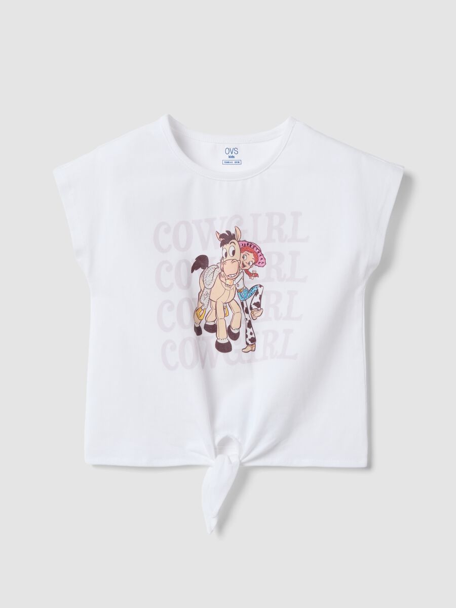 White stretch cotton T-shirt with knot and Toy Story print for girls_0