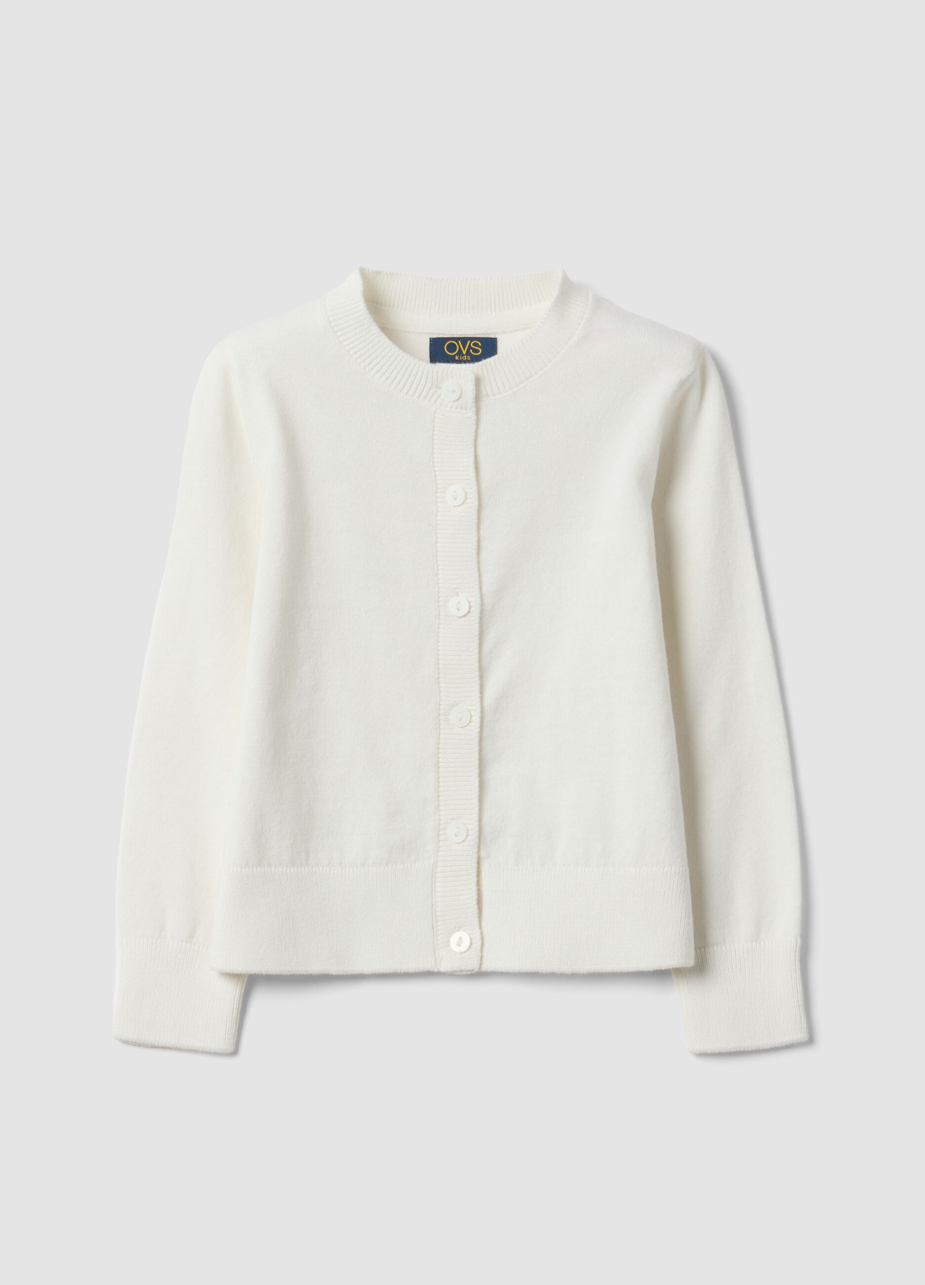 White cotton-blend crew-neck cardigan, regular fit, for girls
