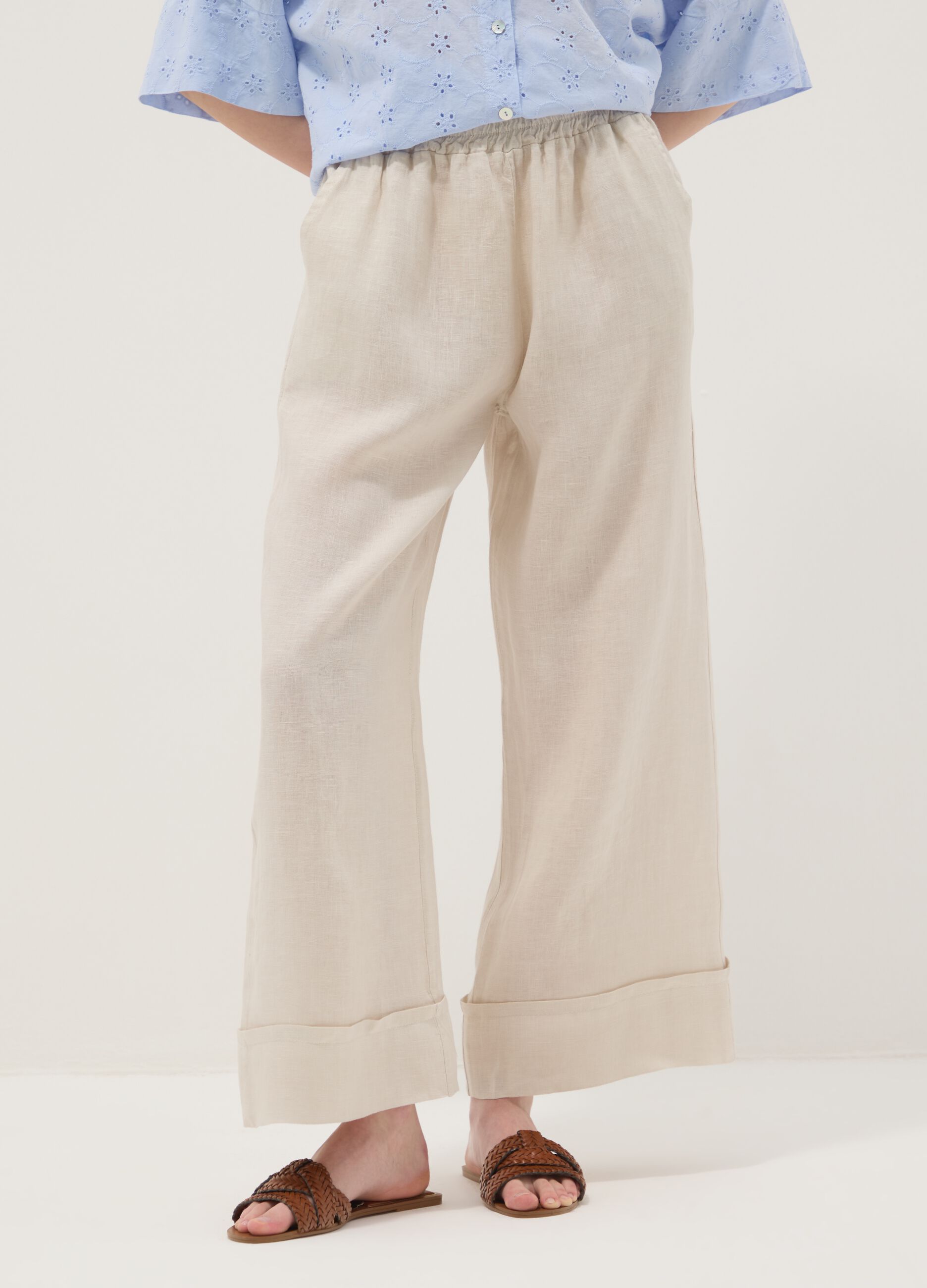 Beige pure linen regular-fit trousers