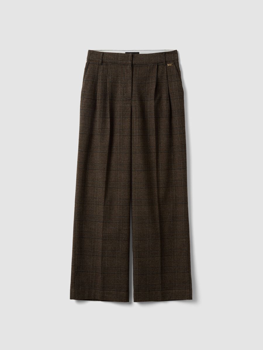 Brown wide-leg checked stretch-viscose trousers_4
