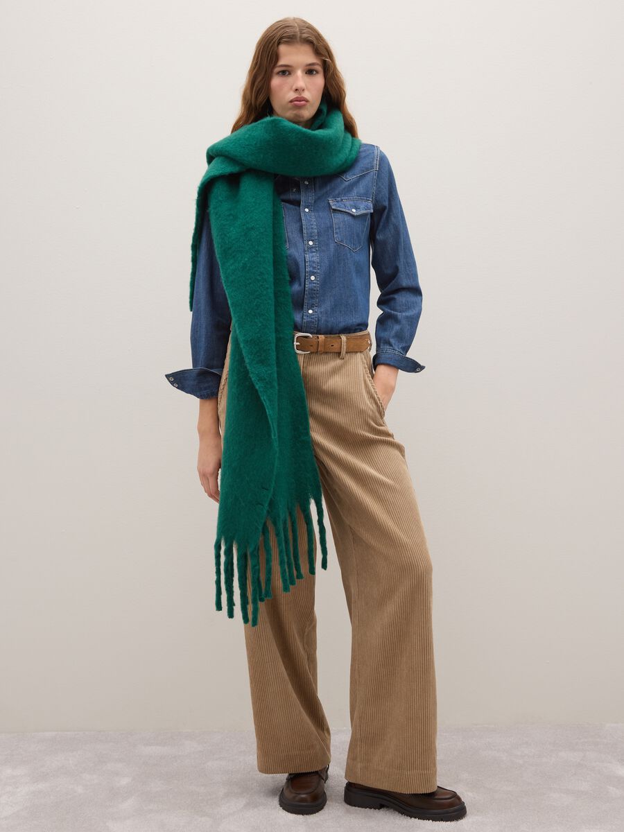 Beige regular fit ribbed trousers in stretchy fabric_0