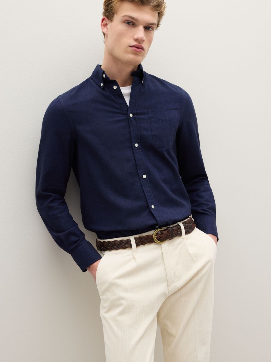 Camicia a maniche lunghe blu in puro cotone flanella regular fit_3