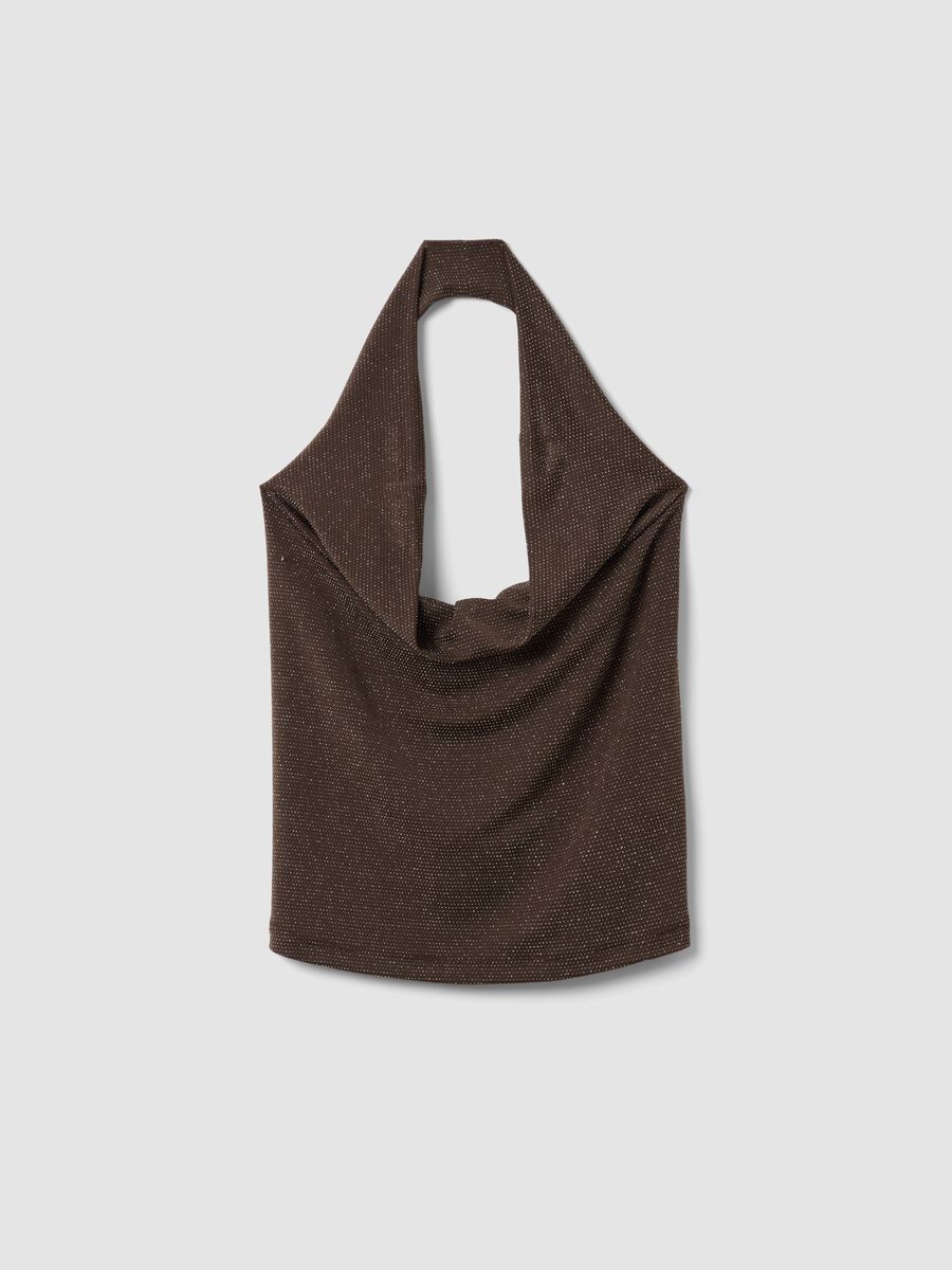 Top marrone in tessuto elasticizzato con scollo morbido_4
