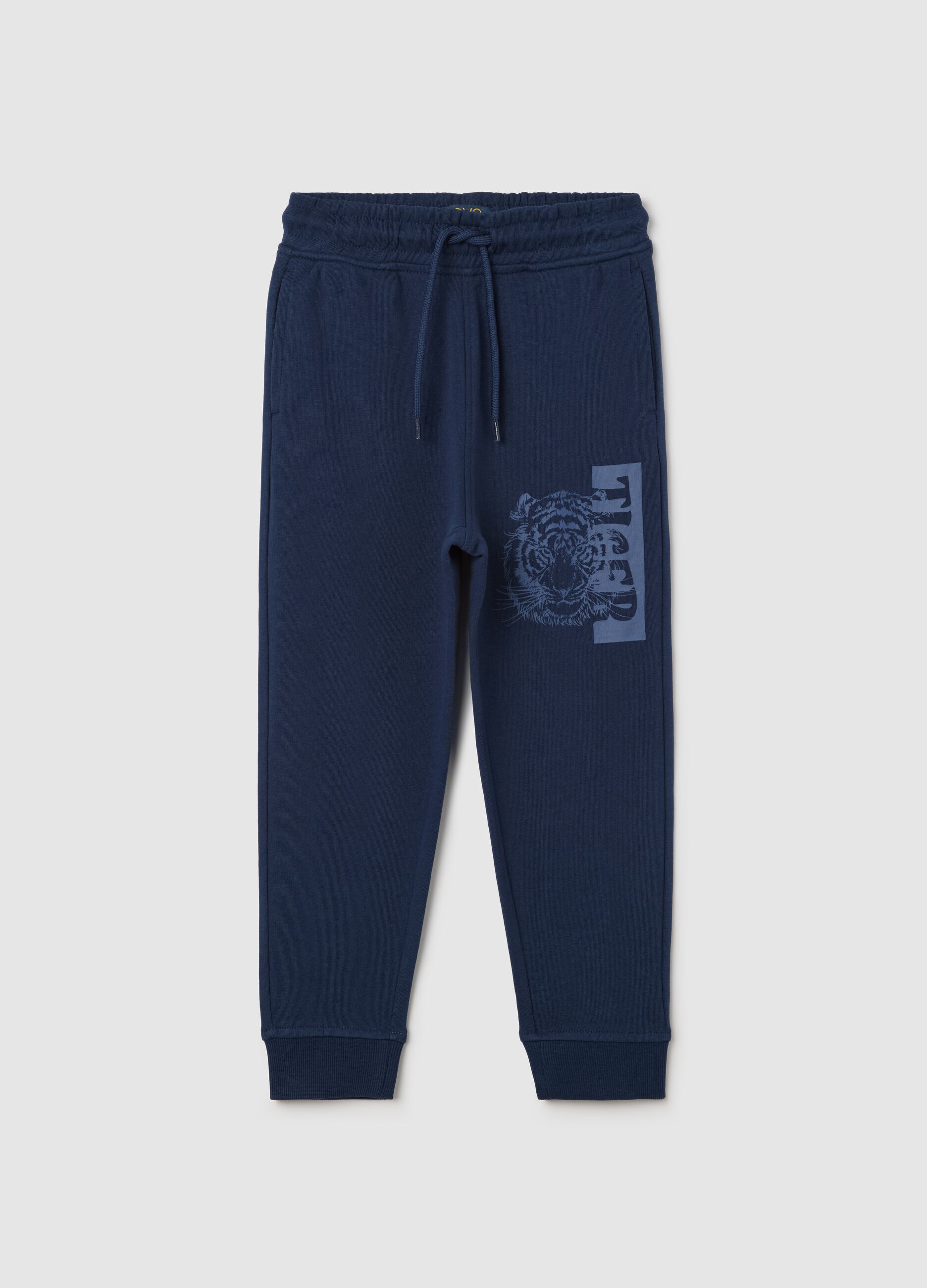 Blue cotton joggers with drawstring and print