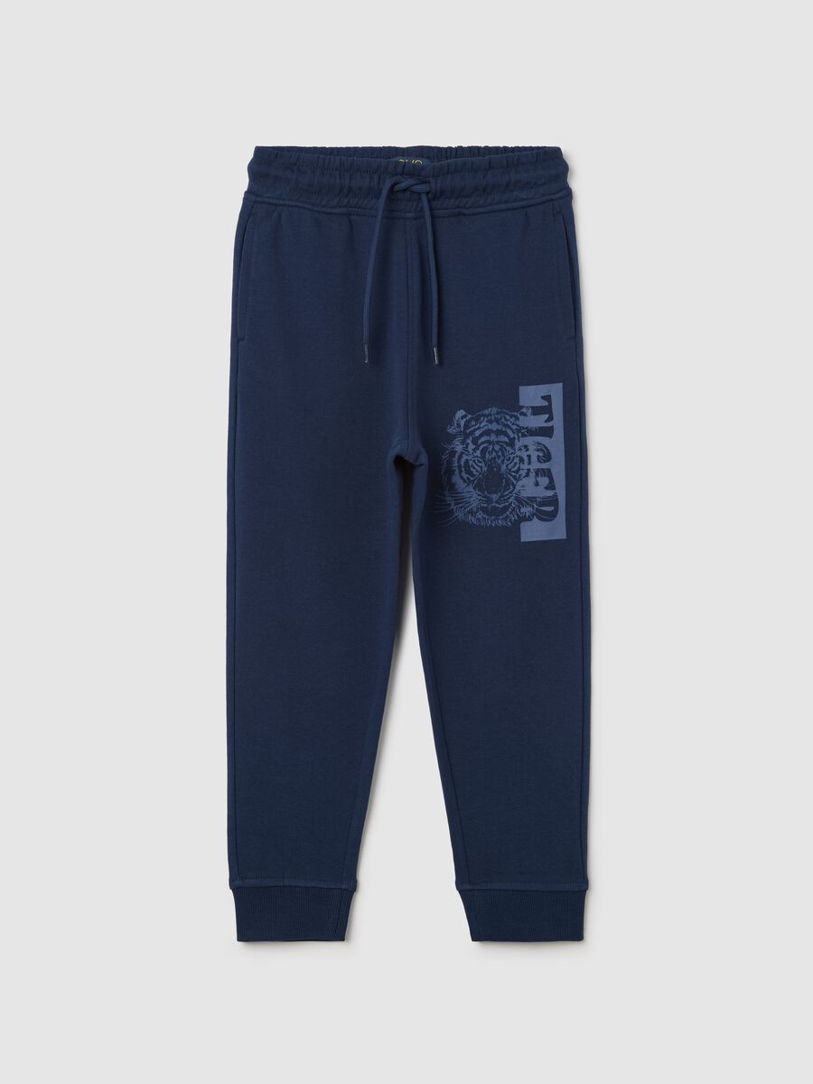 Blue cotton joggers with drawstring and print_0