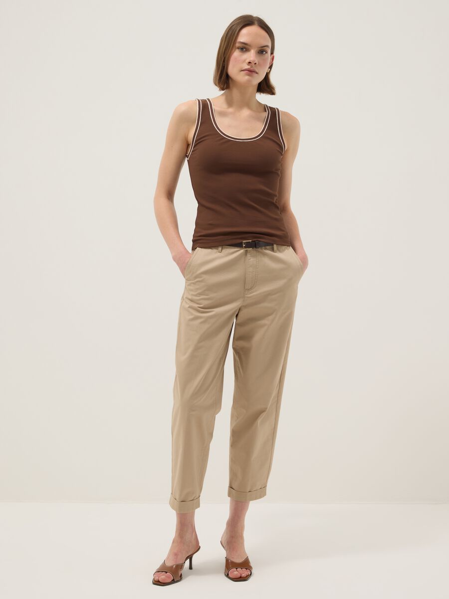 Brown regular-fit stretch cotton tank top with trim_1