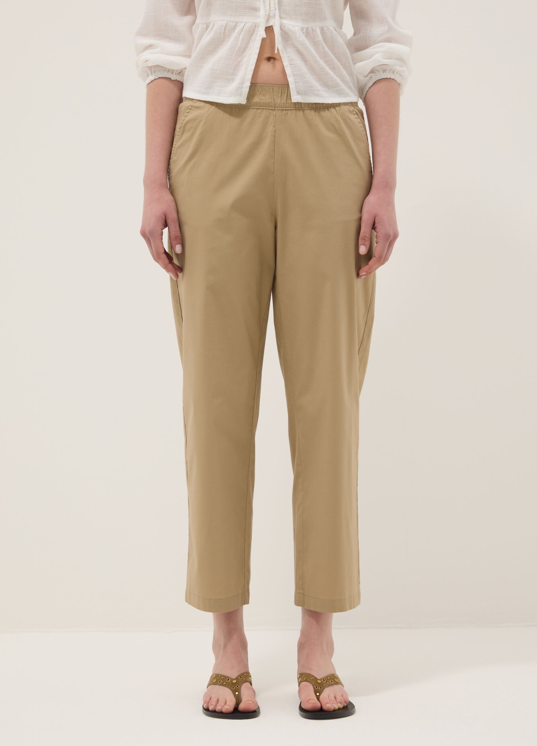 Beige stretch-cotton trousers with elasticated waistband