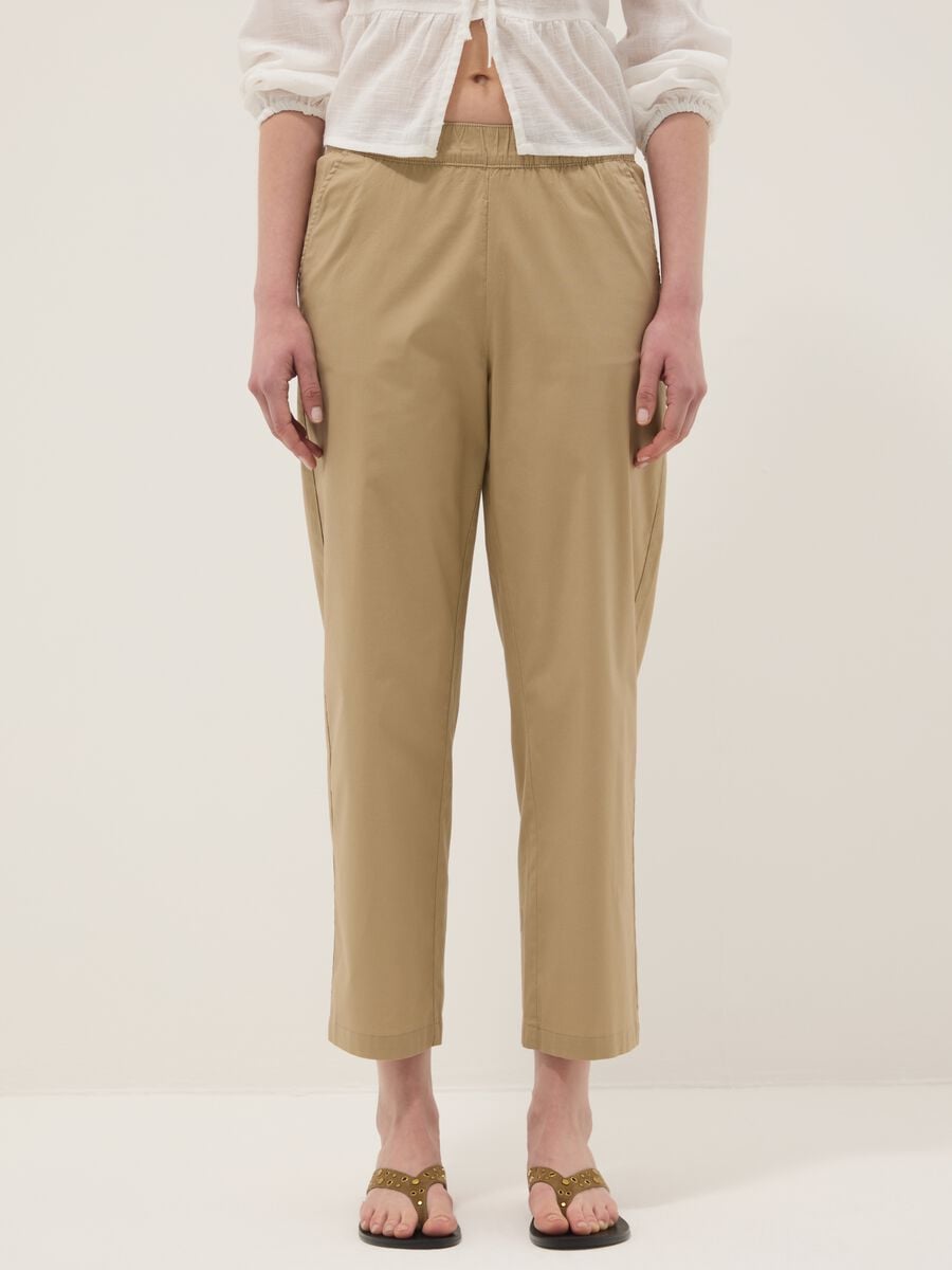 Beige stretch-cotton trousers with elasticated waistband_1