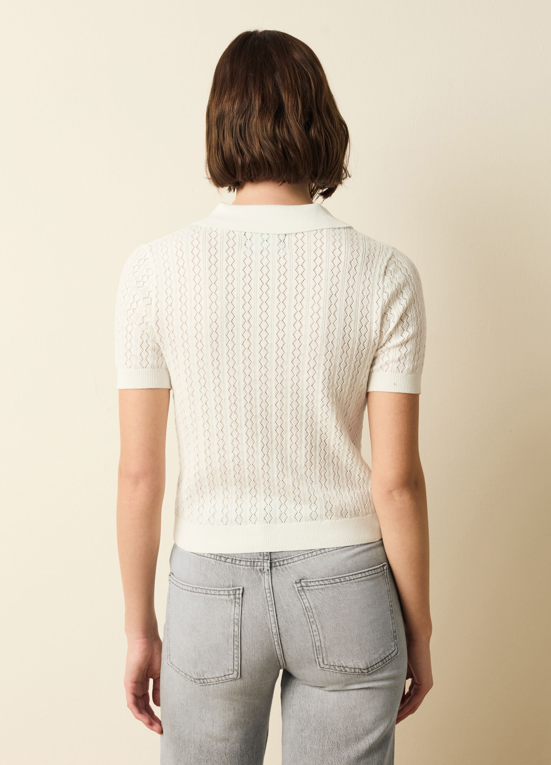 Pointelle T-shirt with polo neck