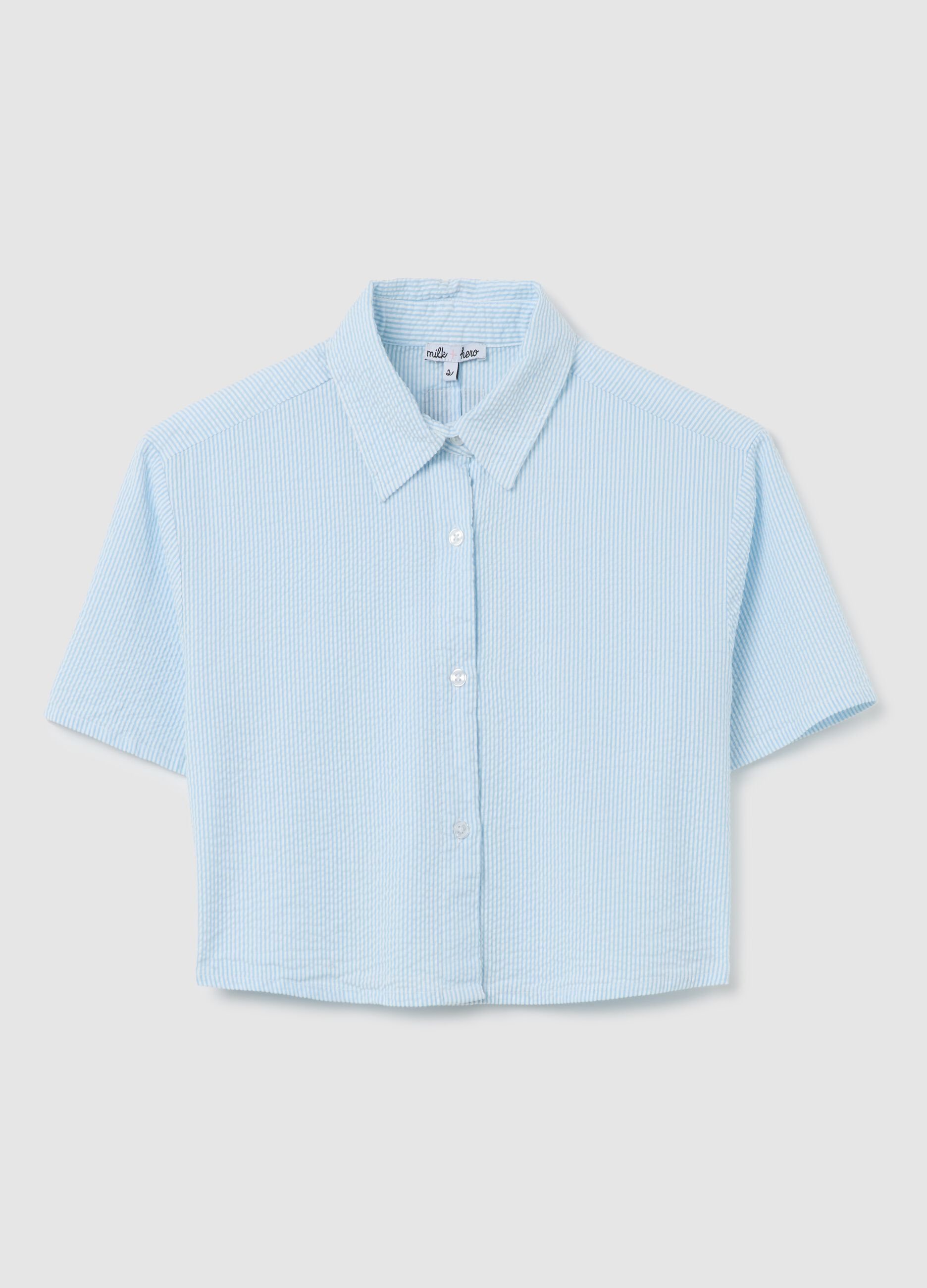 Sky Blue Seersucker Crop Shirt