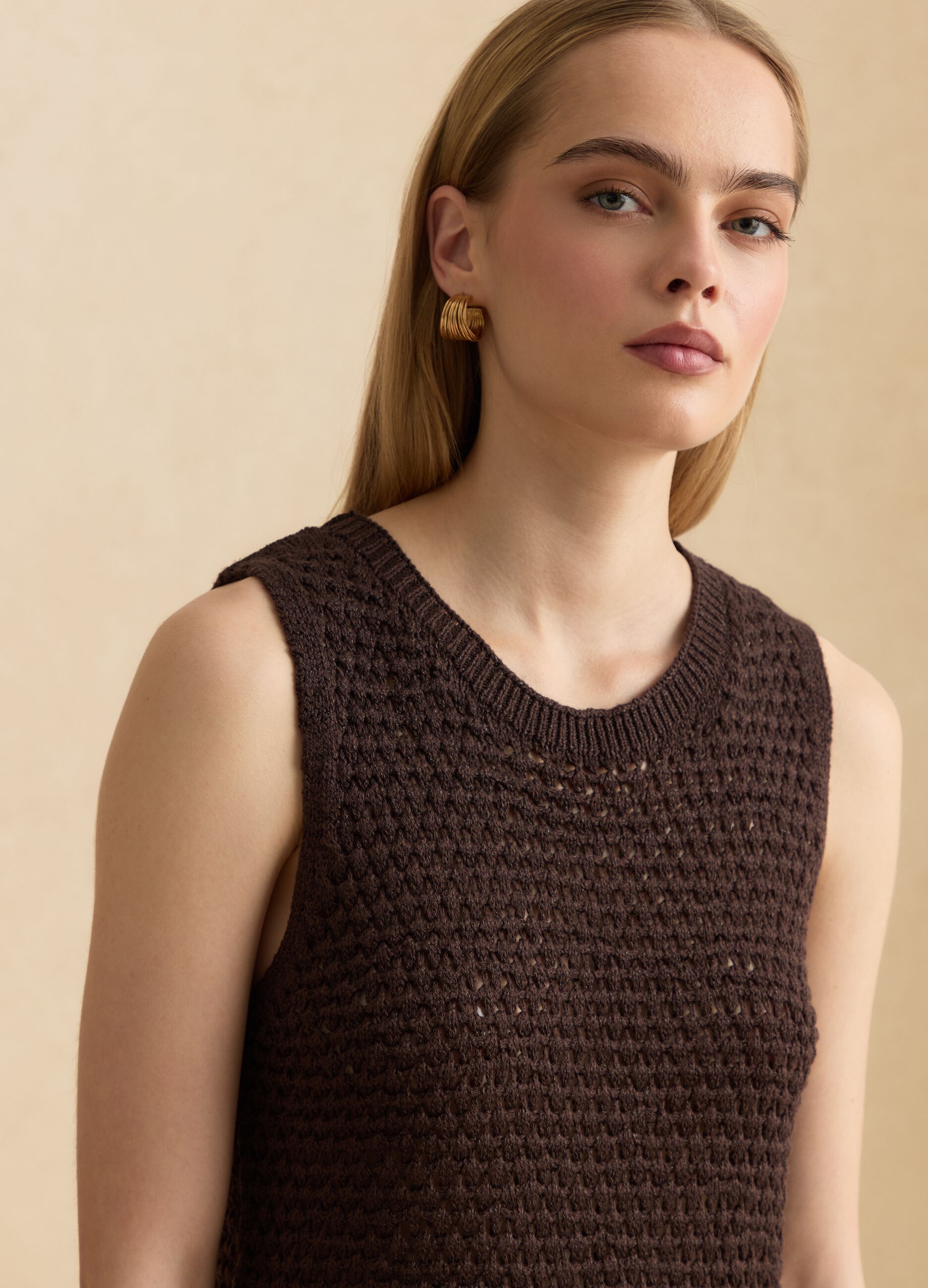 Brown open-knit viscose-blend top with fringes