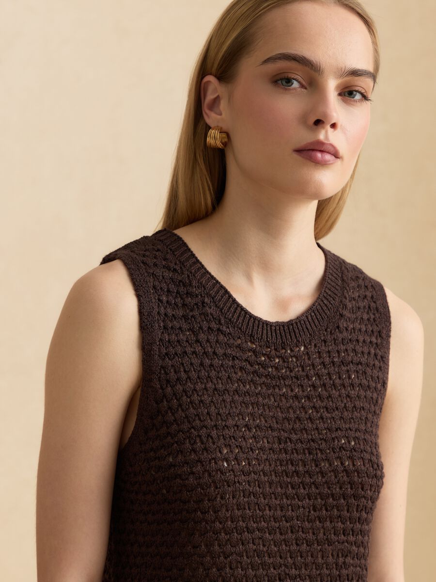 Brown open-knit viscose-blend top with fringes_2