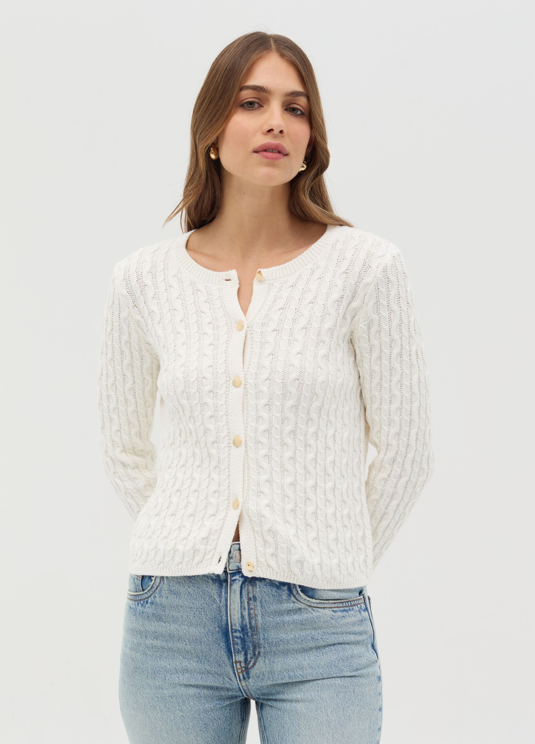 Cable-knit cardigan with golden buttons