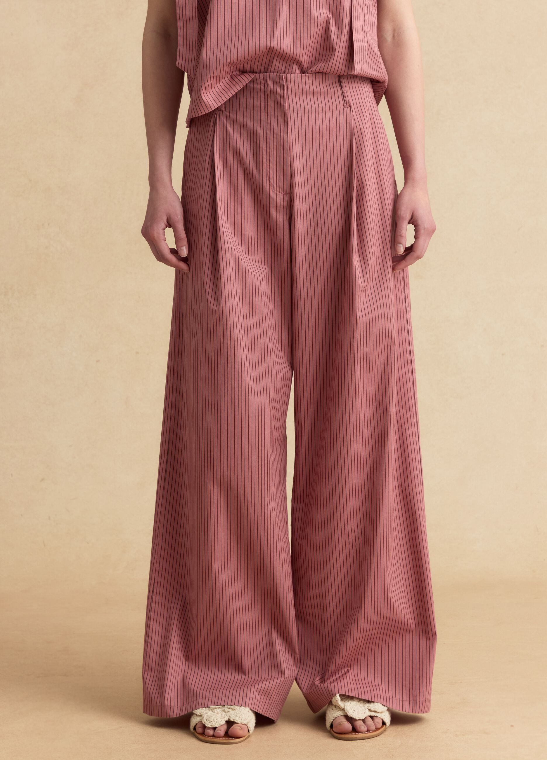 Pantaloni rosa palazzo in cotone elasticizzato a righe