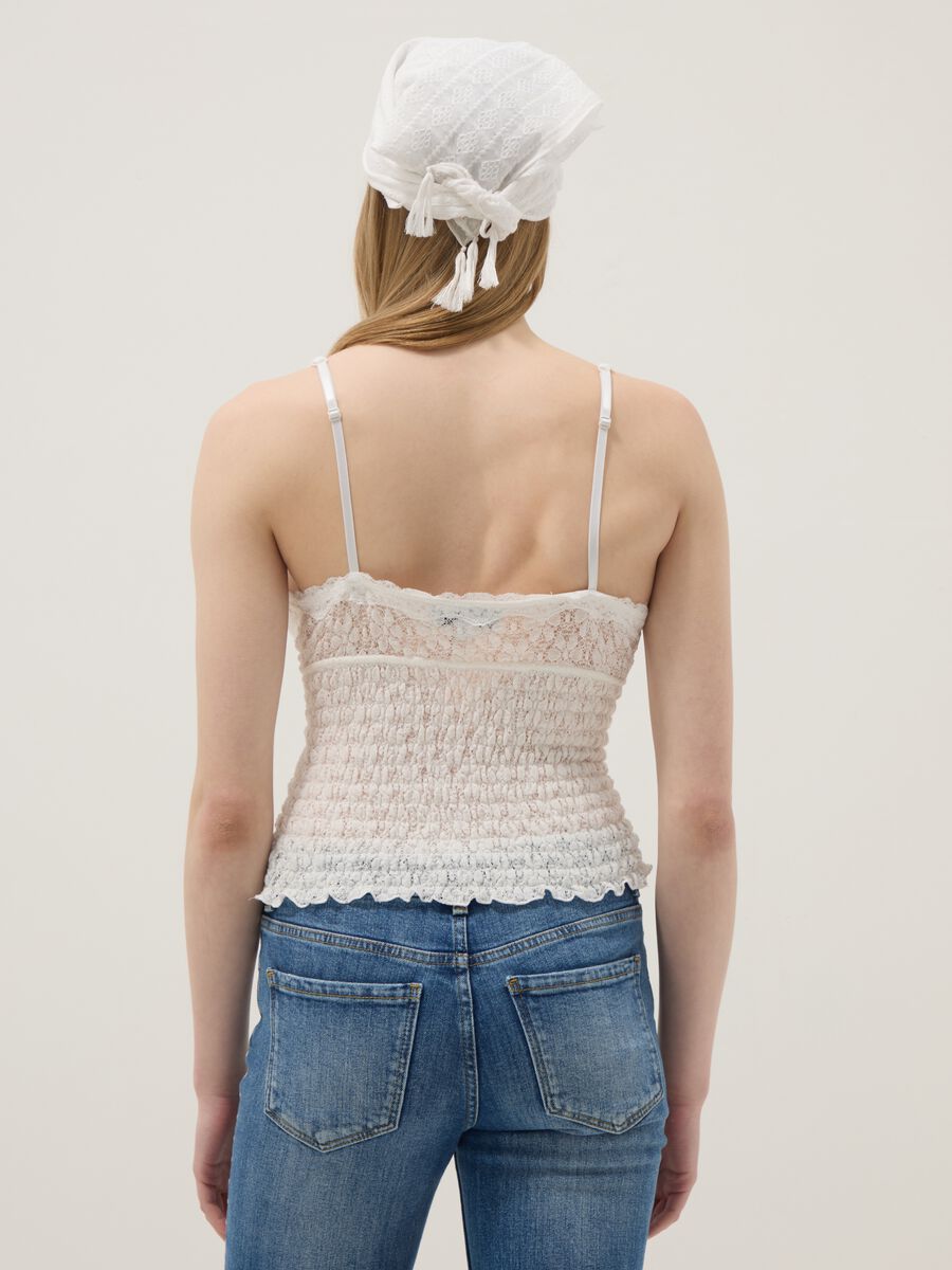 White stretch cotton fitted tank top with floral lace_3