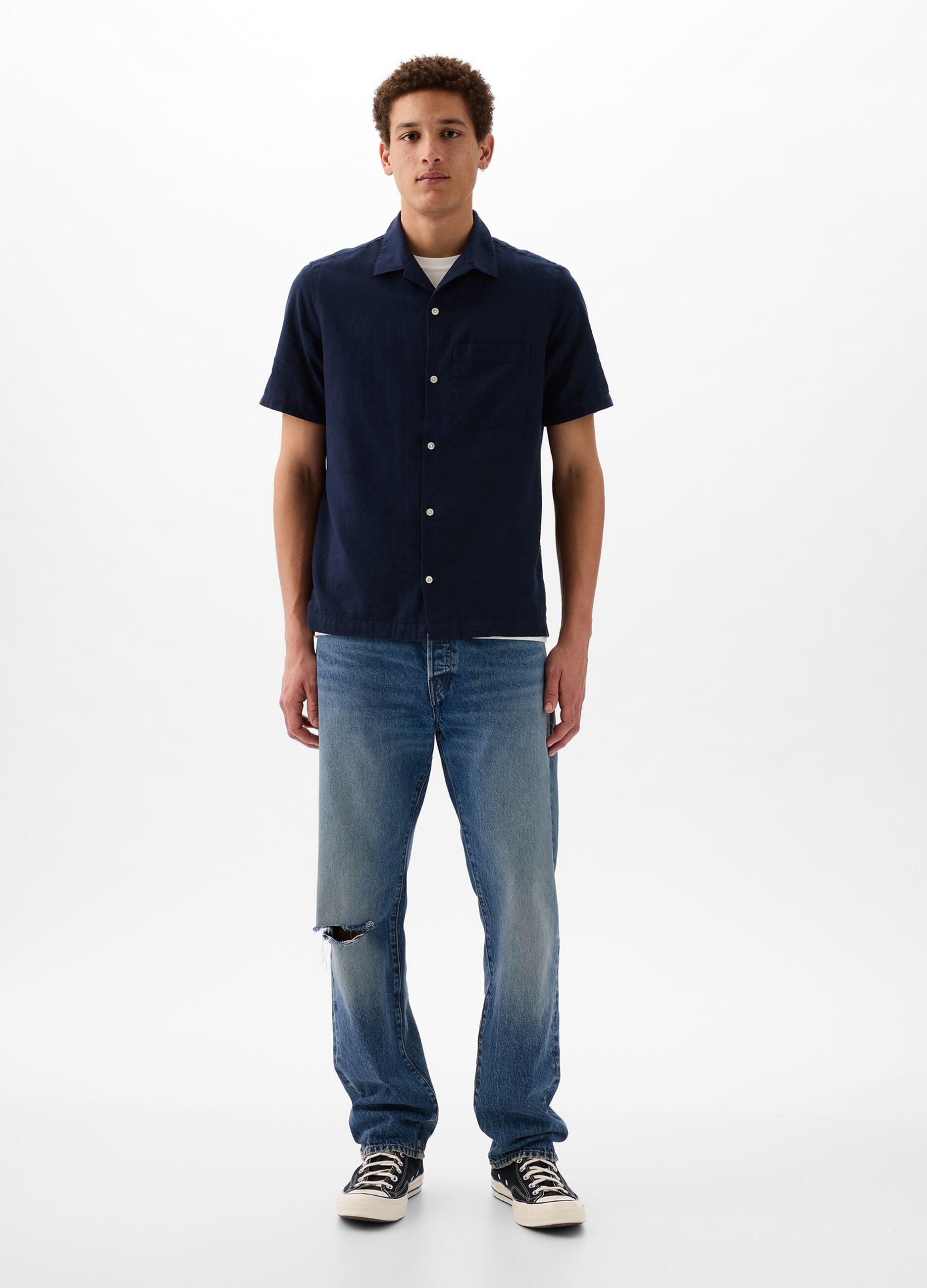 Camicia a maniche corte in lino e cotone