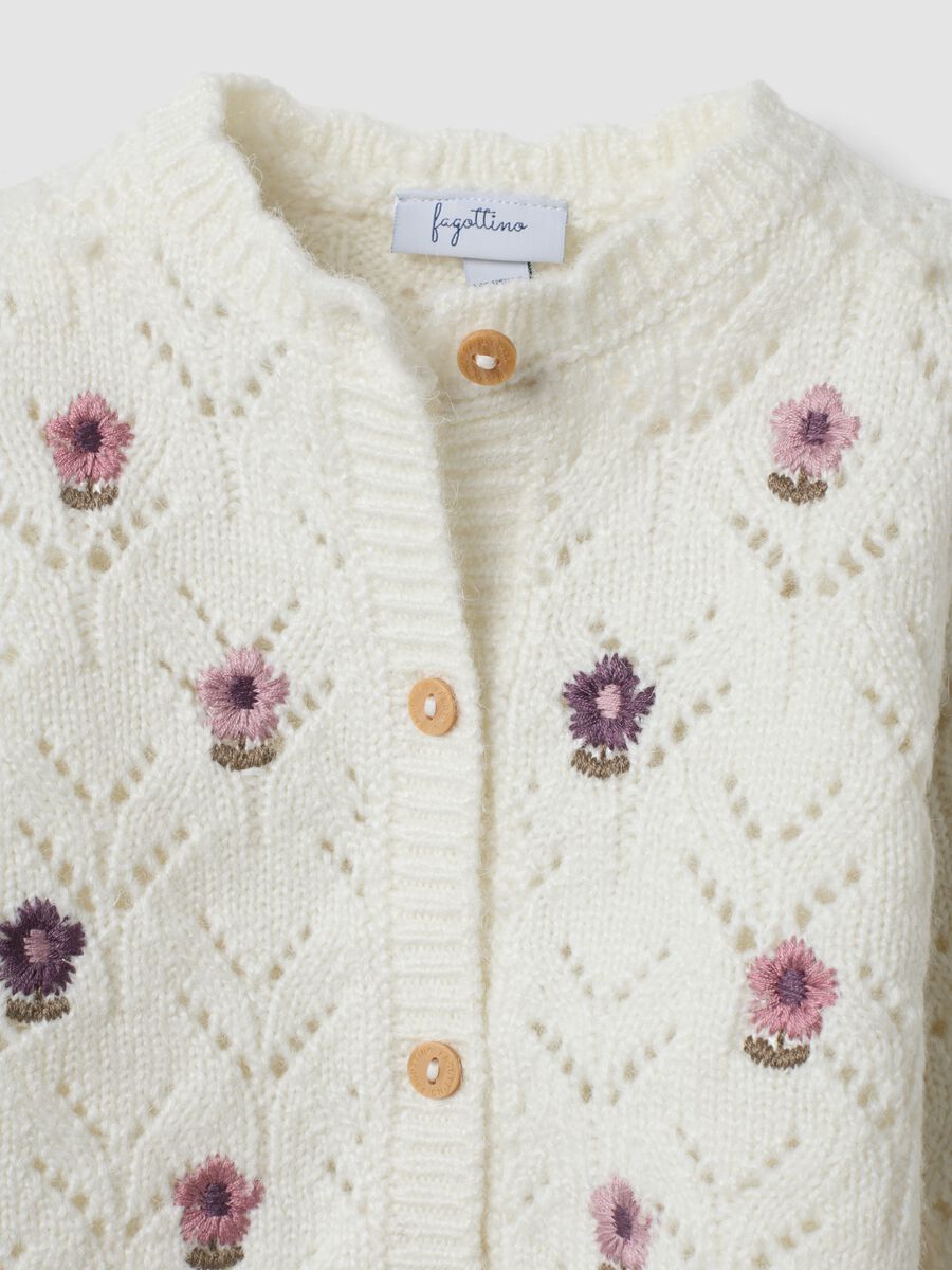 Cardigan bianco in maglia traforata con girocollo_2