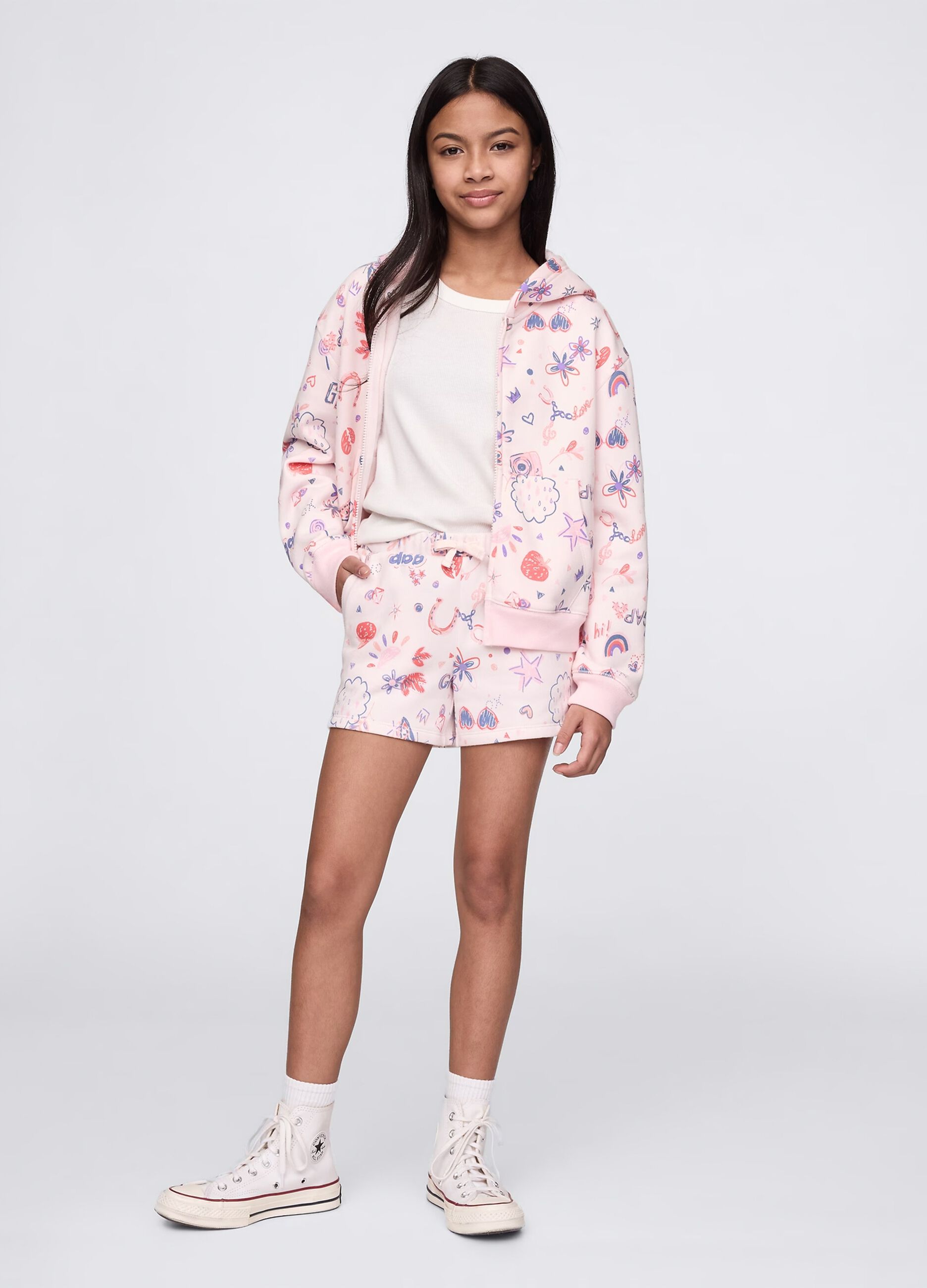 Pink shorts with drawstring and all-over print