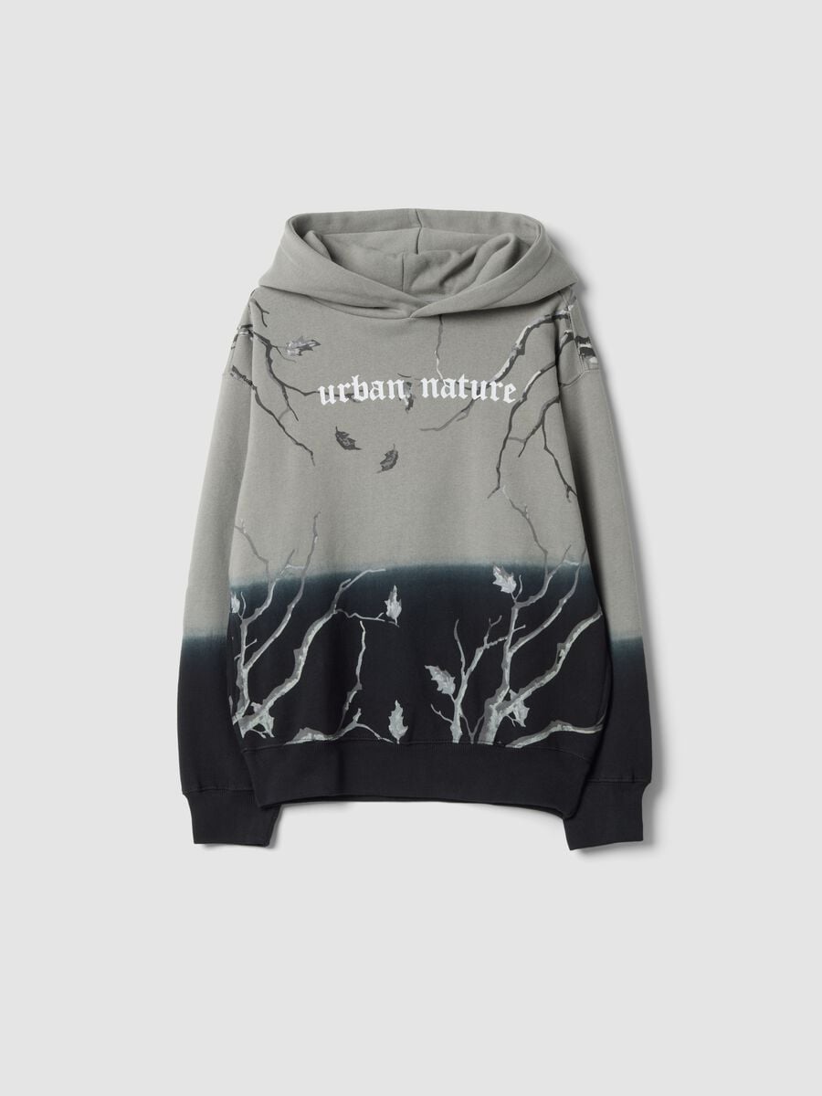 Light grey and navy cotton-blend hoodie with botanical print_0