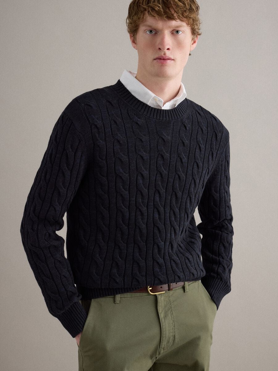 Maglione in puro cotone blu regular fit con design intrecciato_0