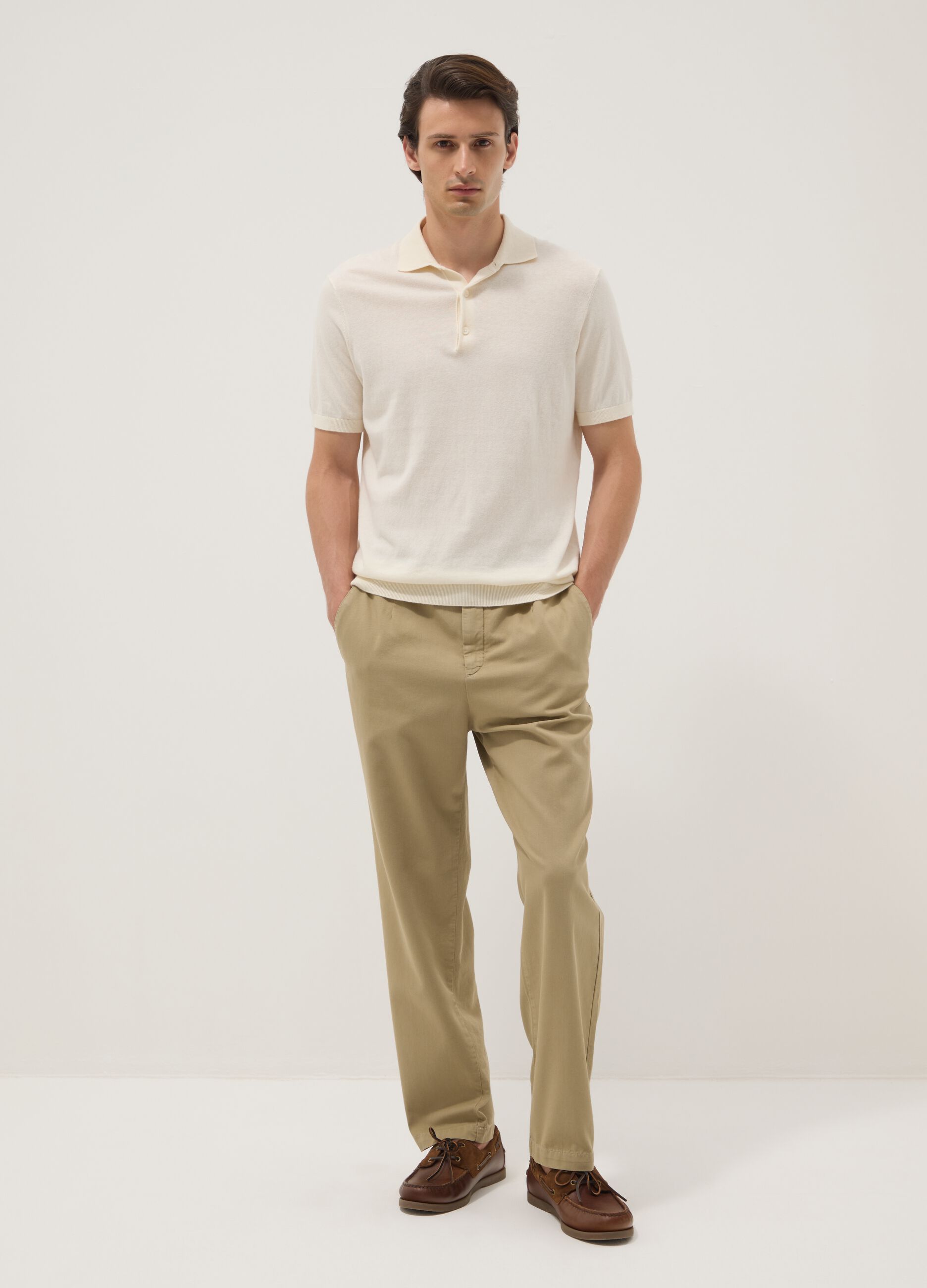 Beige pure cotton carrot-fit chino trousers