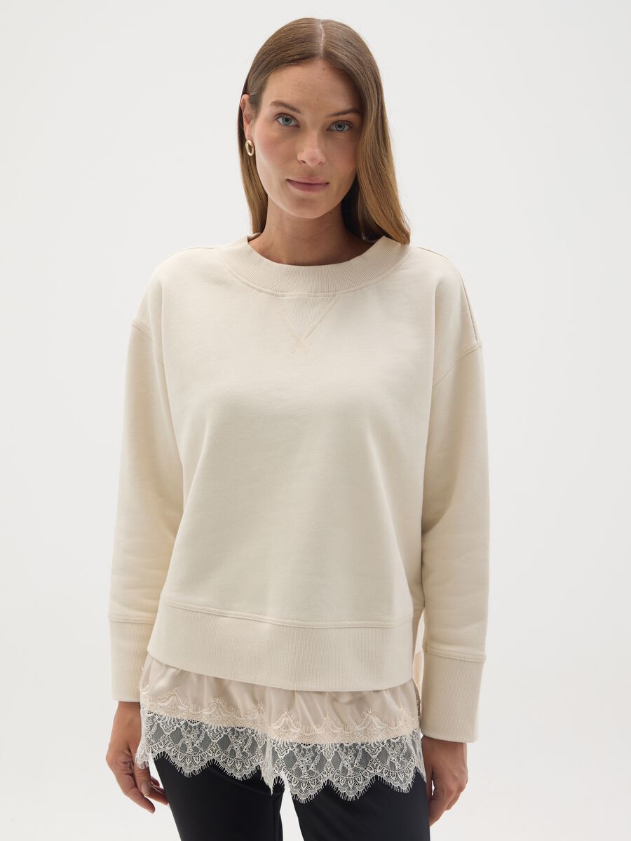 Cream maternity sweatshirt in cotton with lace hem_1