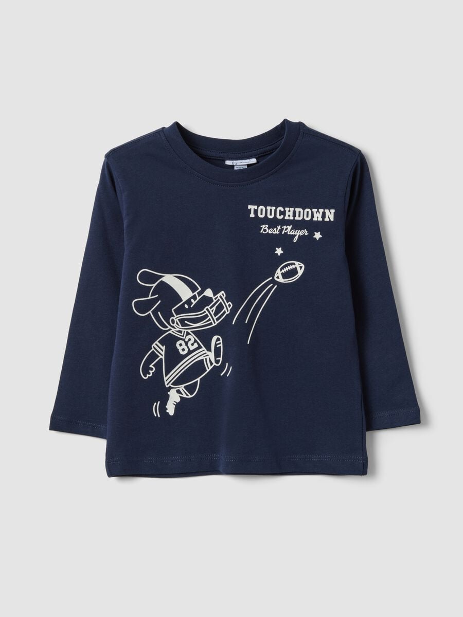 Blue organic cotton T-shirt with collegiate print for baby boy_0