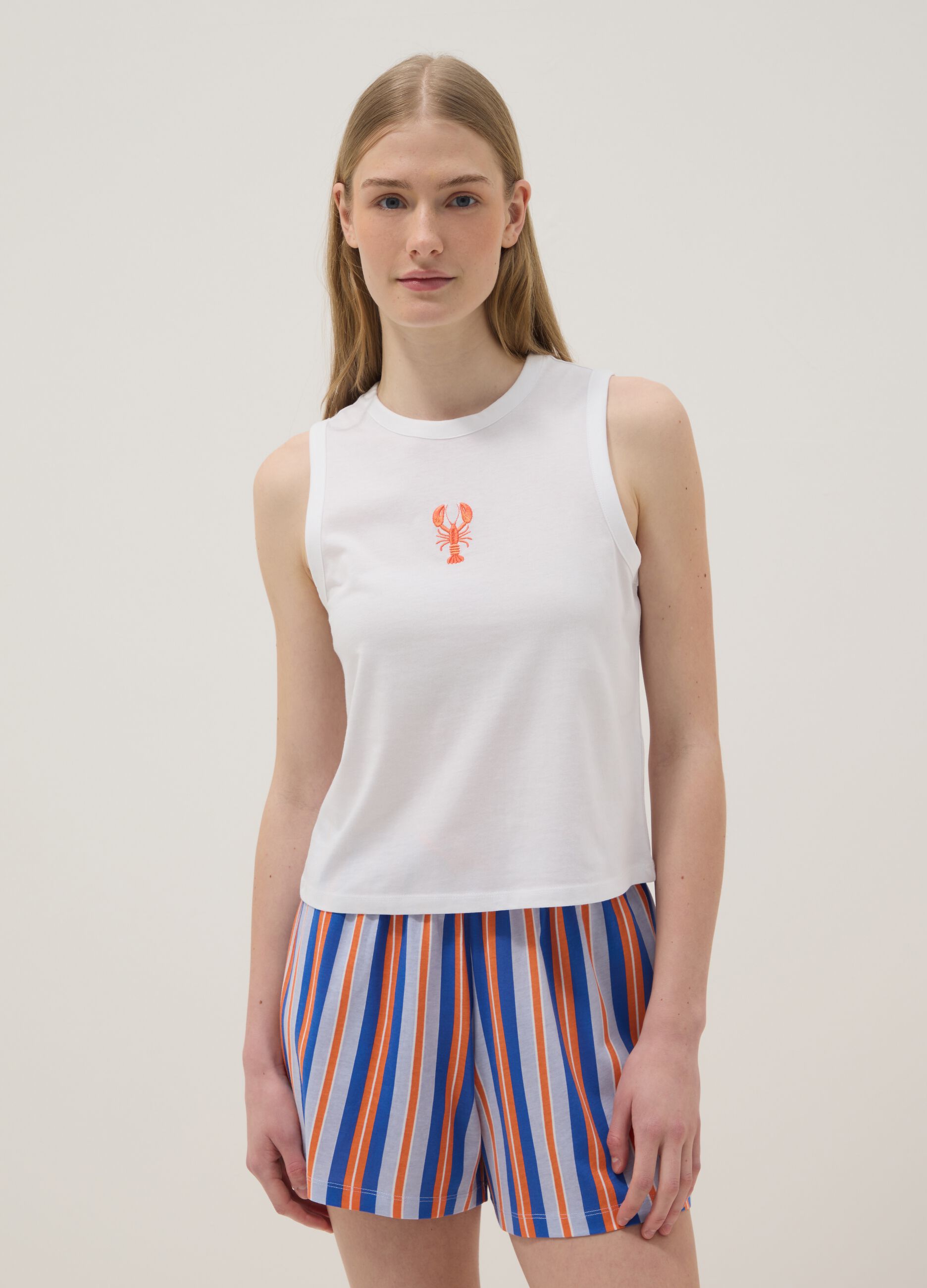 Multicolour pure cotton short pyjamas, regular fit, with embroidery