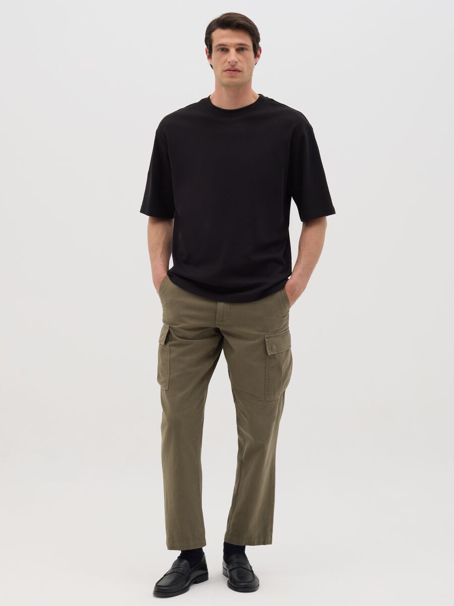 OVS Green Linen and Cotton Cargo Trousers_0