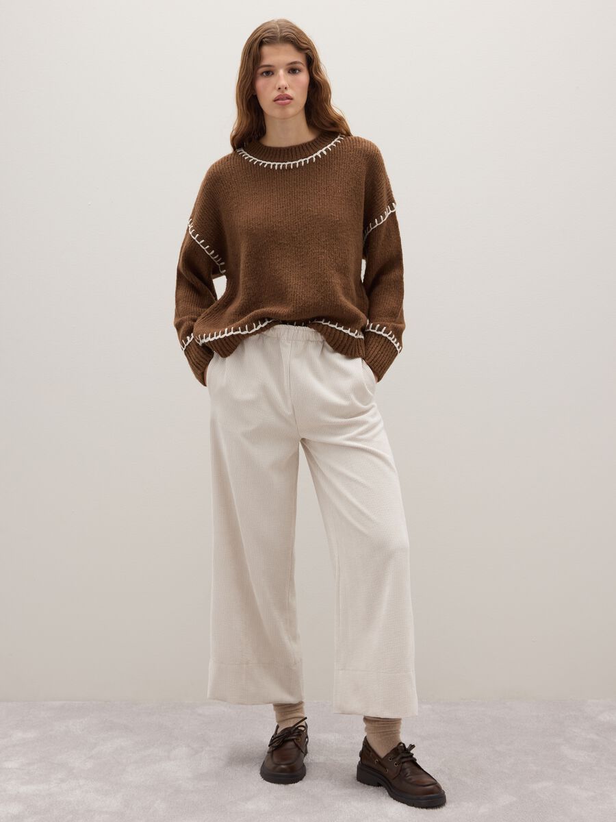 White Pure Cotton Ribbed Regular Fit Trousers_0