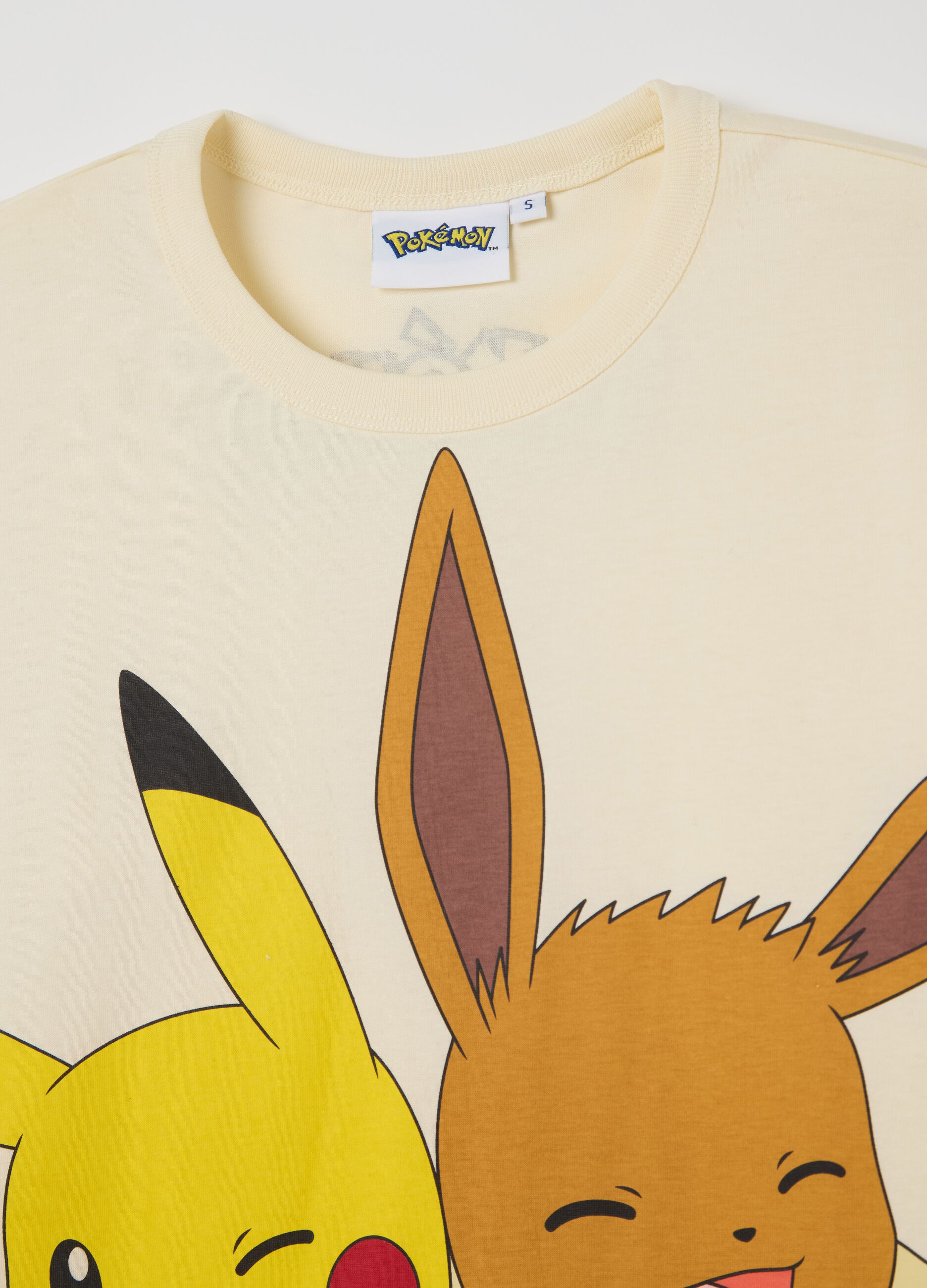 White cotton T-shirt with Eevee and Pikachu print