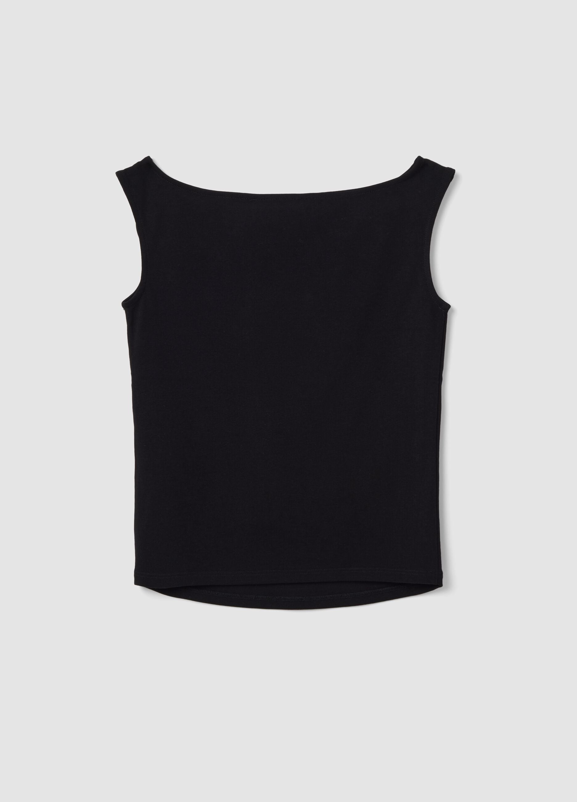 Black stretch cotton top with metal eyelets, regular fit