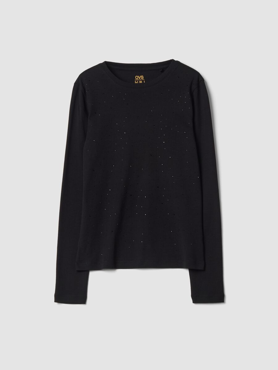 T-shirt nera girocollo in puro cotone con strass regular fit_0