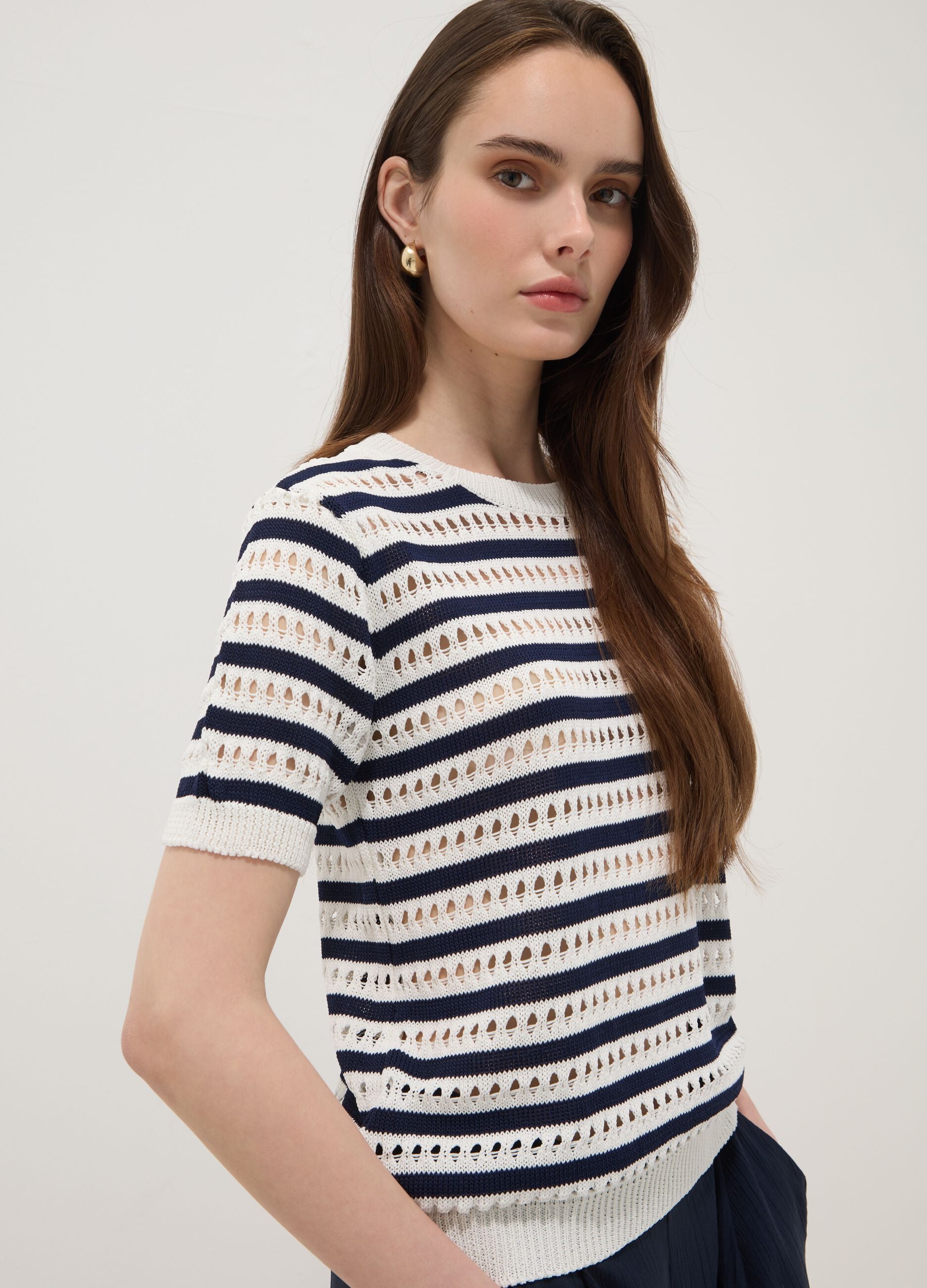 White and blue striped regular-fit openwork viscose-blend T-shirt