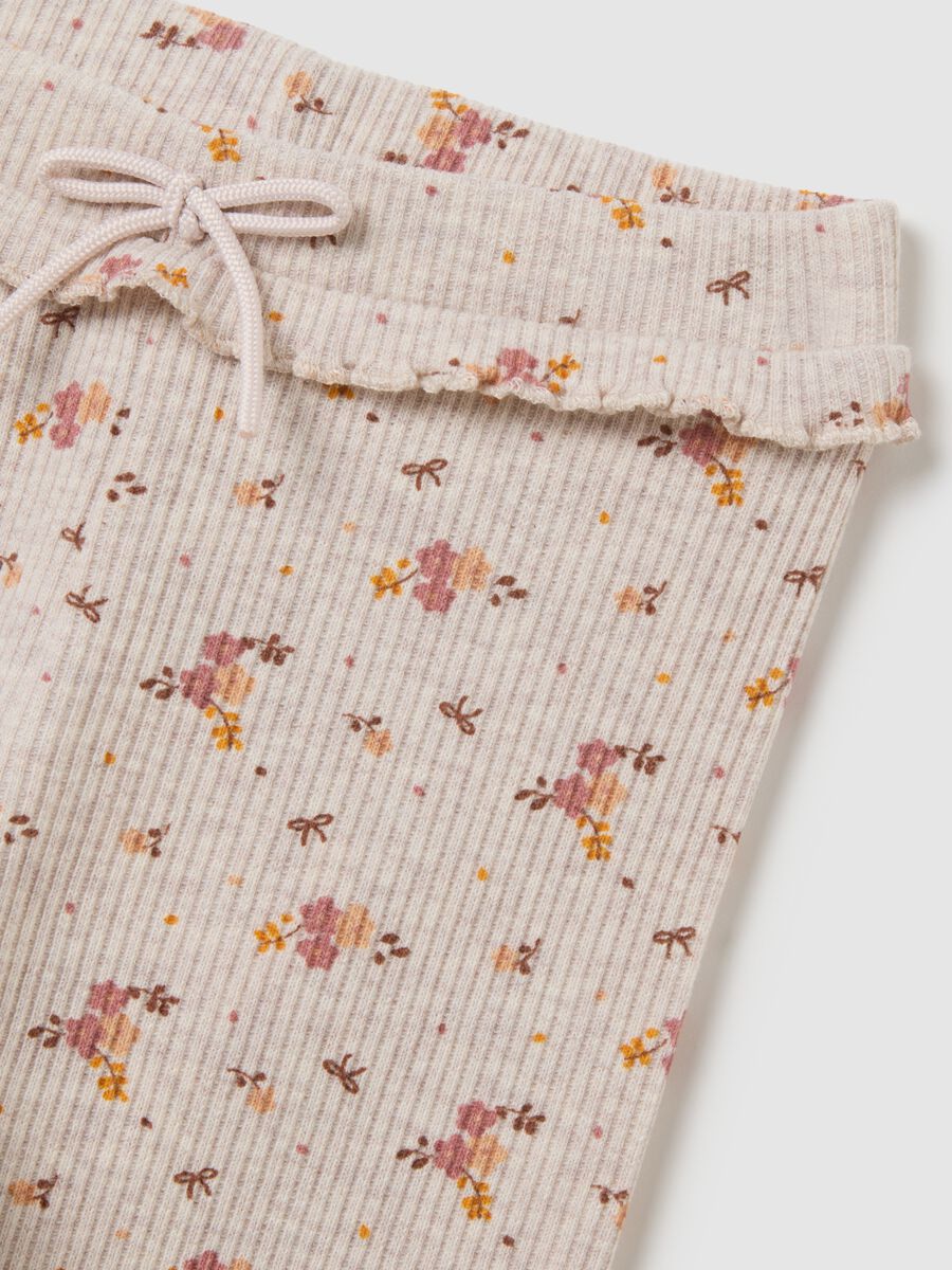 Beige Cotton Blend Floral Girl's Leggings_2