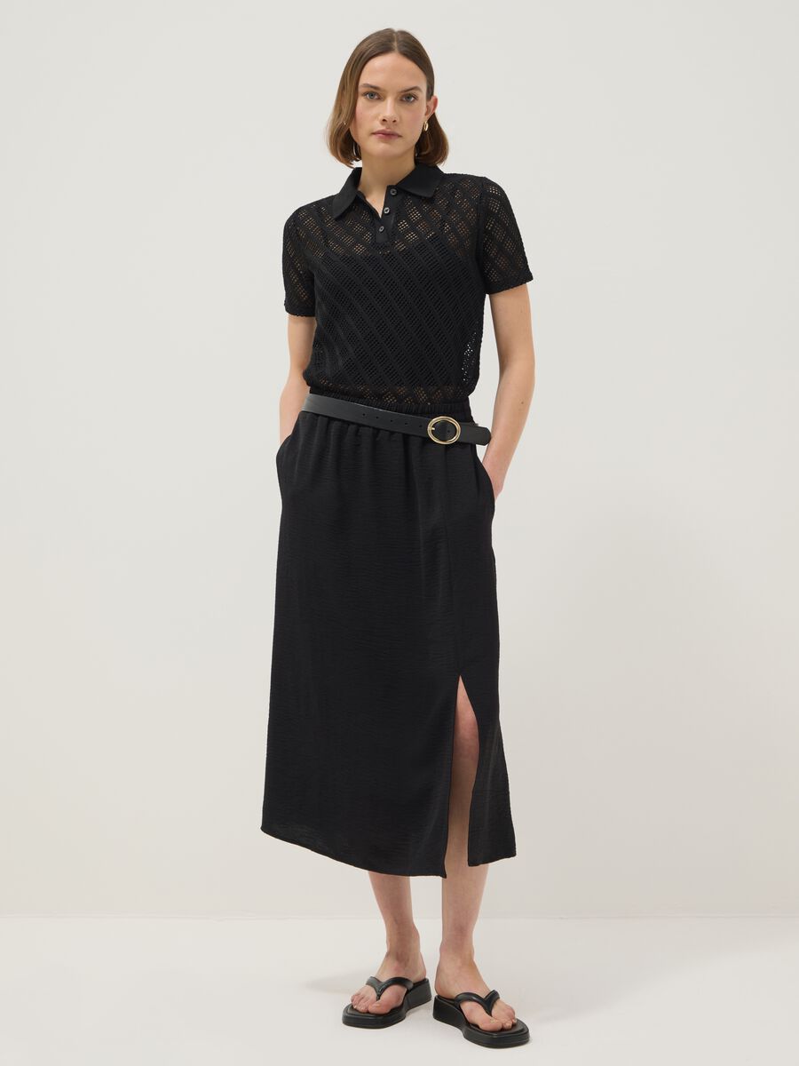 Black regular fit polo with mesh texture_1