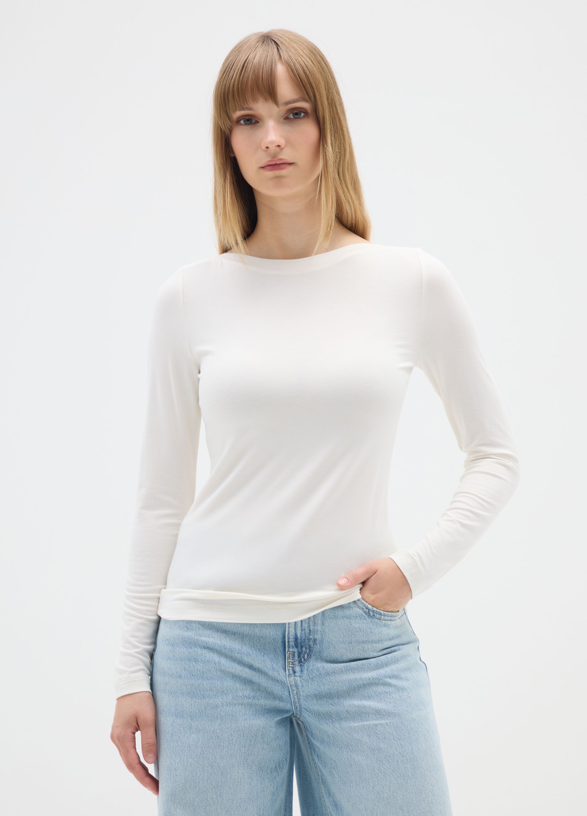 Regular fit beige stretch viscose t-shirt