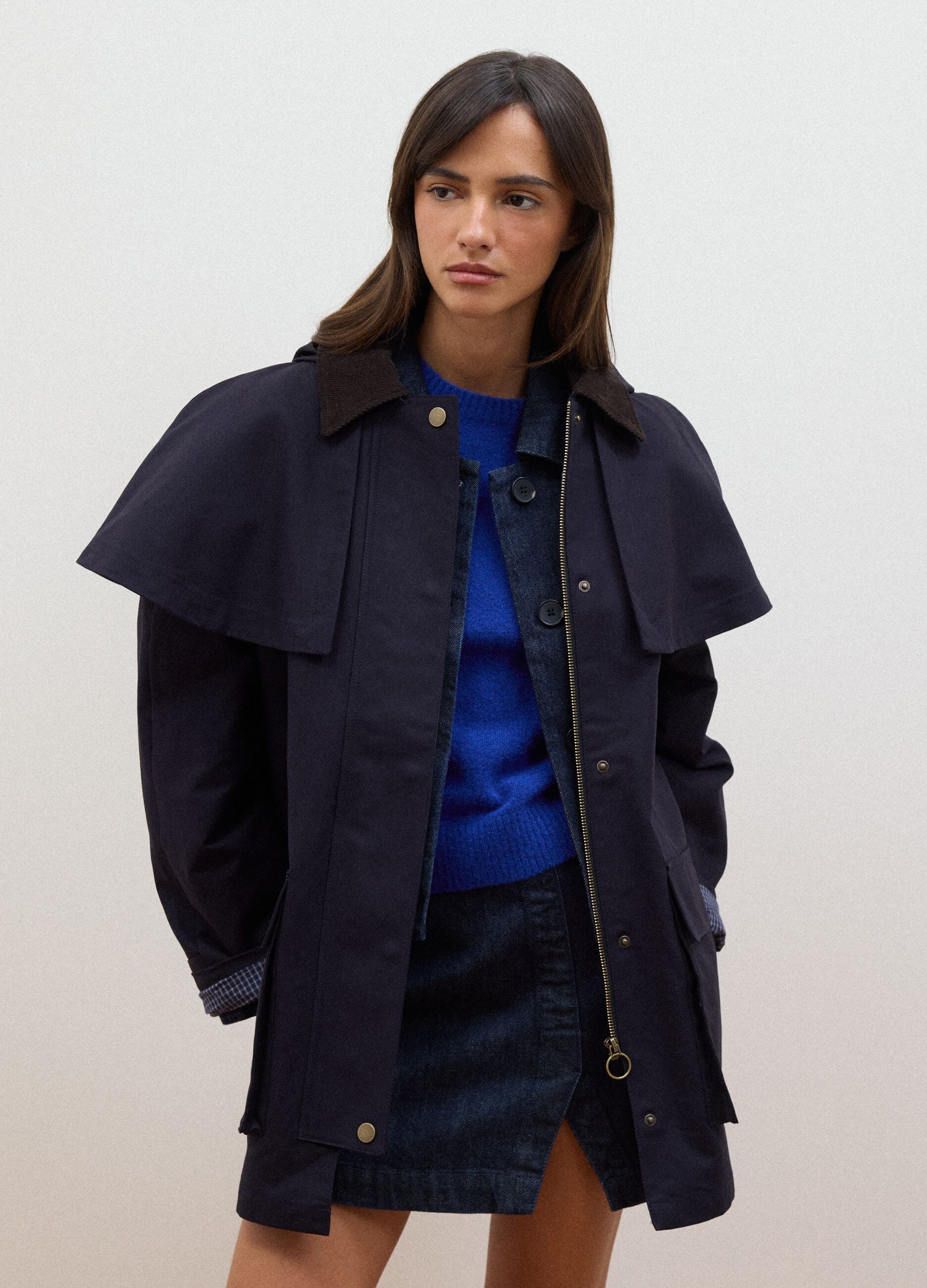 Blue pure cotton parka with hood, oversized fit