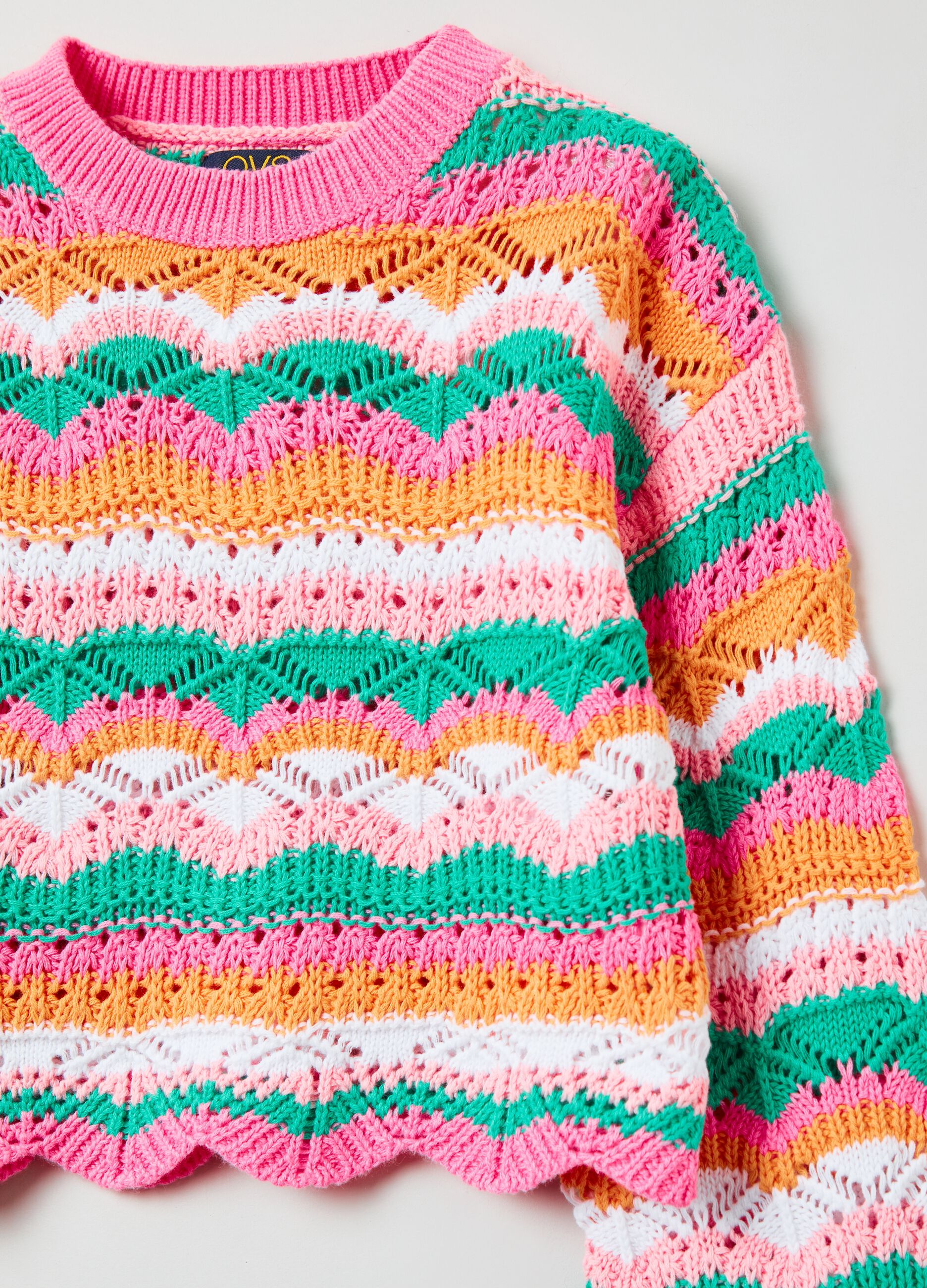 Striped crochet cotton pullover