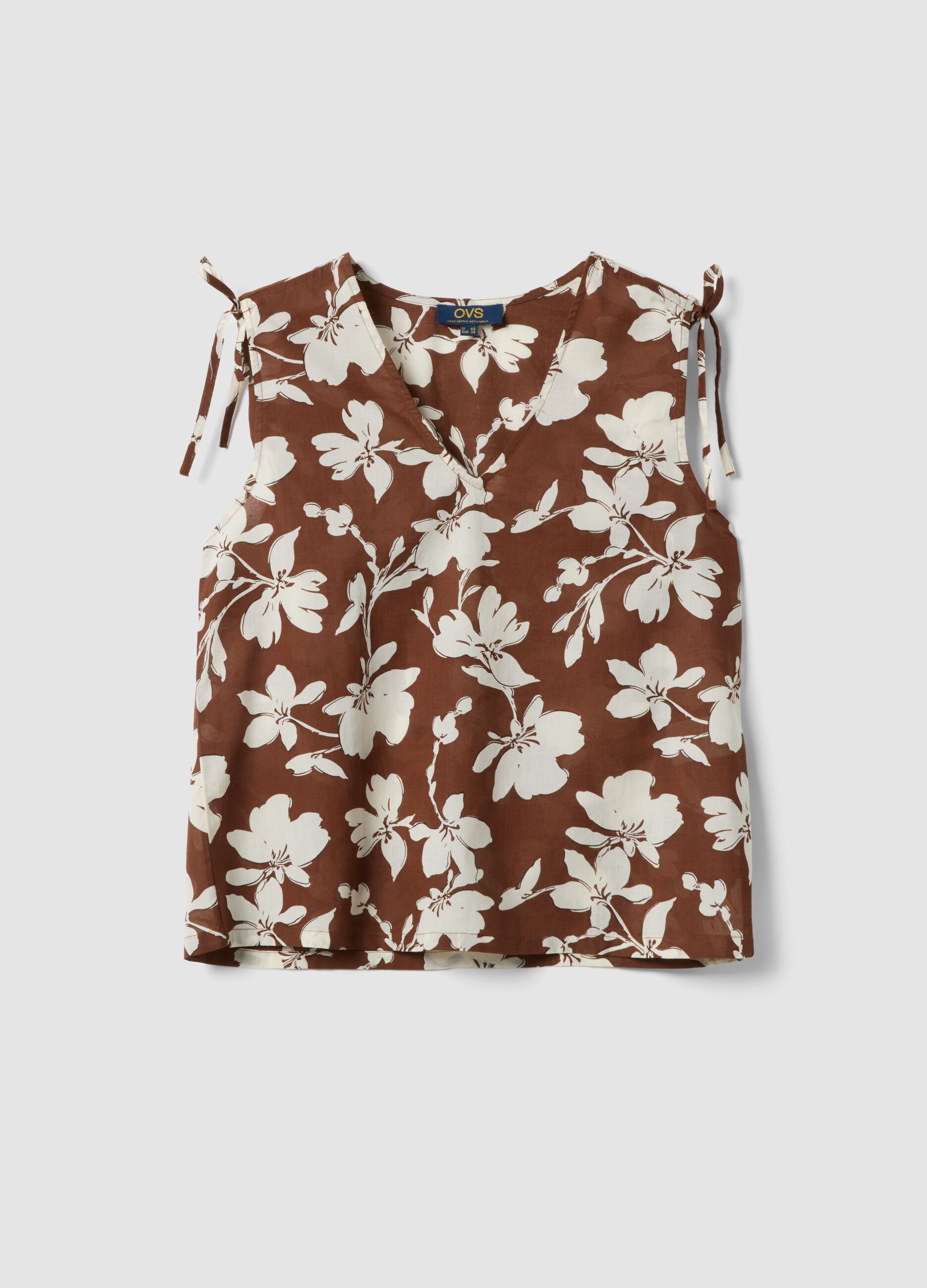 Brown pure cotton V-neck floral print blouse, regular fit