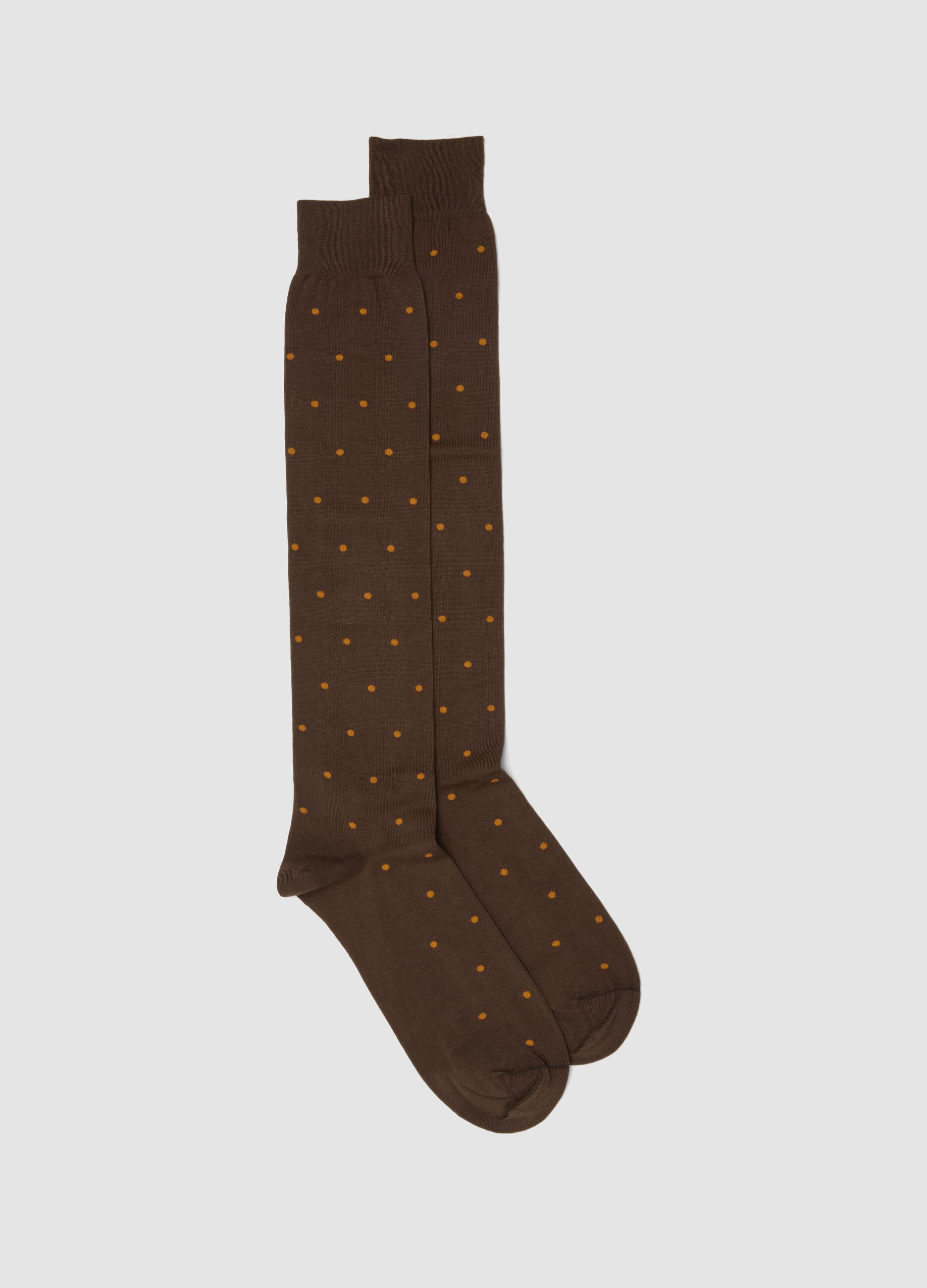 Brown polka dot stretch cotton knee-high socks