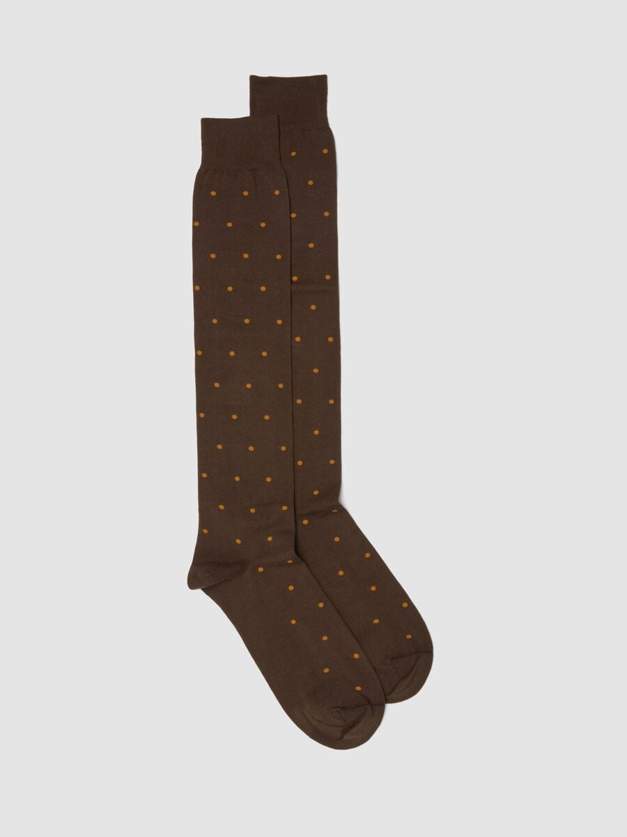Brown polka dot stretch cotton knee-high socks_0